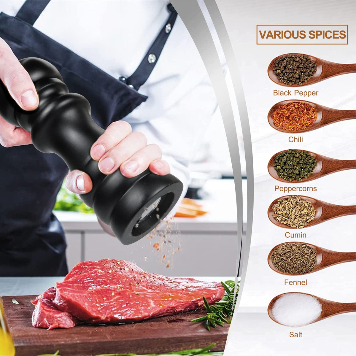 Salt and Pepper Grinders Set of 2, Manual Pepper Mill & Salt Grinder with Adjustable Ceramic Rotor & Stainless Steel Gasket, Refillable Black Salt & Pepper Shakers for BBQ Restaurant Kitchen