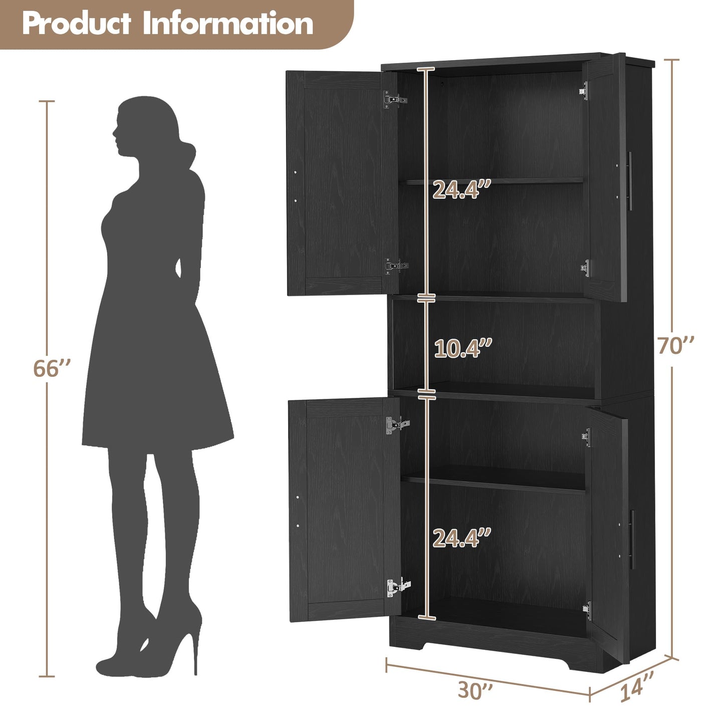 GarveeHome 70in Tall Kitchen Pantry Cabinet, Storage Cabinet with Doors and Adjustable Shelves, Freestanding Cupboard for Living Room, Dining Room, Bathroom, Black