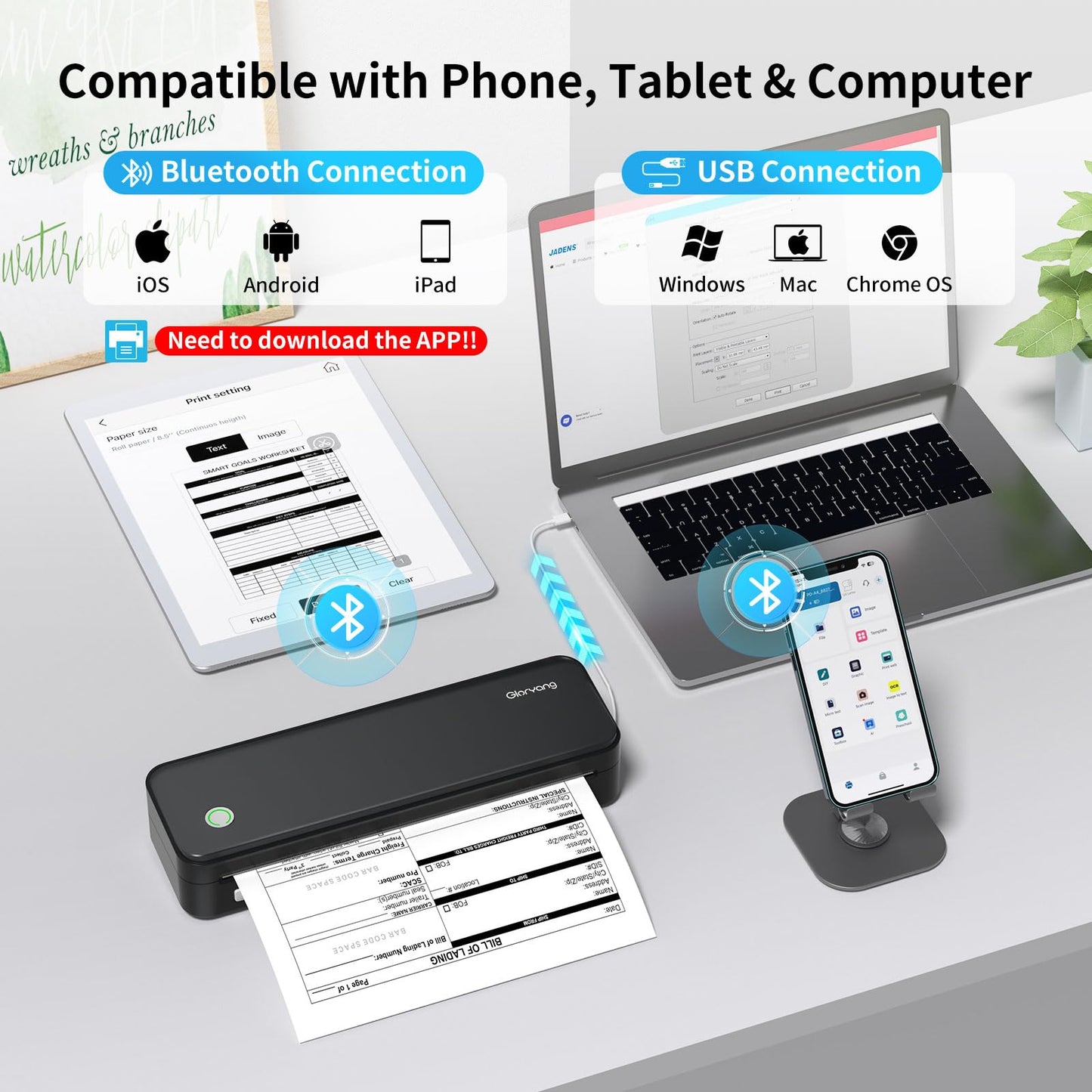 Gloryang Inkless Portable Printer for Travel, Wireless Thermal Printer Supports 8.5 x 11 Inch Thermal Paper, Bluetooth Machine Includes Carry Case and 3 Rolls of Paper Kit, Black