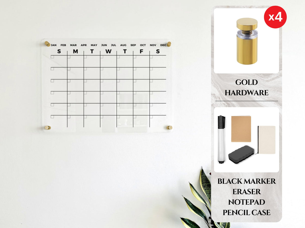 Acrylic Dry Erase Monthly Wall Calendar - Reusable Planner Board, Family Schedule Organizer, Office Schedule Board (Gold Standoff, 40"x28")