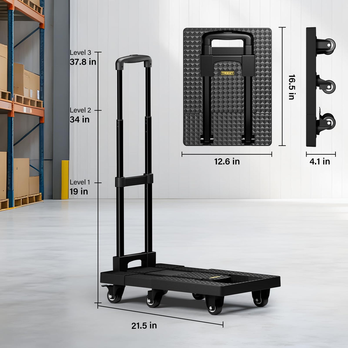 TROOZY No Assembly Folding Hand Truck 440lbs, Dolly Cart with Wheels & Upright Lock, Extendable Heavy Duty Foldable Dolly for Luggage, Travel, Office & Dorm, Carrito de Carga