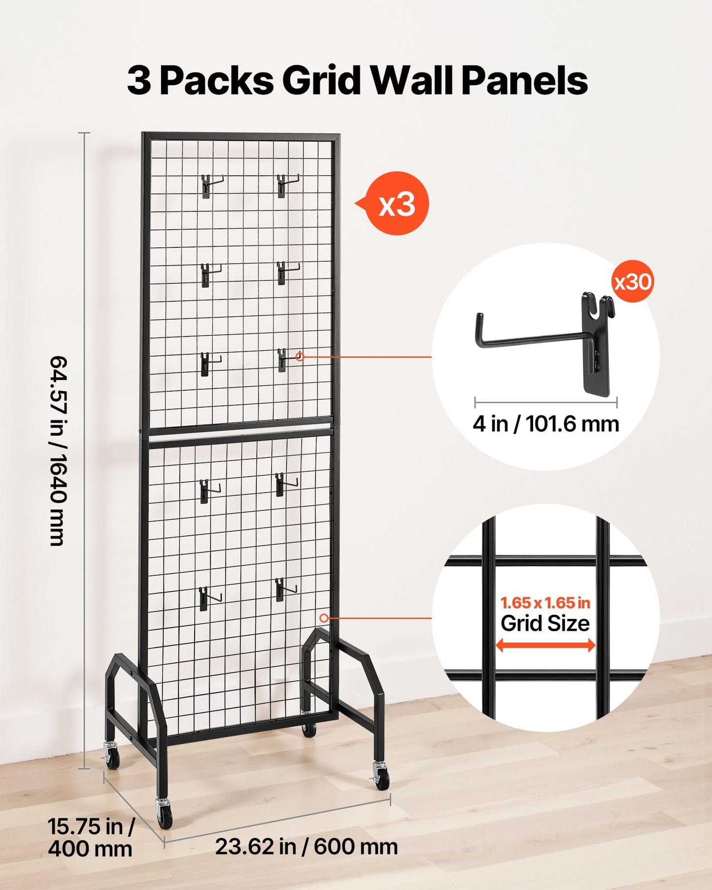 VEVOR 3 Packs Grid Wall Panels, 1.9 x 5.4 ft Wire Grid Panels Display Rack, Movable Art Display Shelf with Wheels and 30 Hooks, Black Carbon Steel Gridwall for Craft Show, Decor, Storage, Notice Board