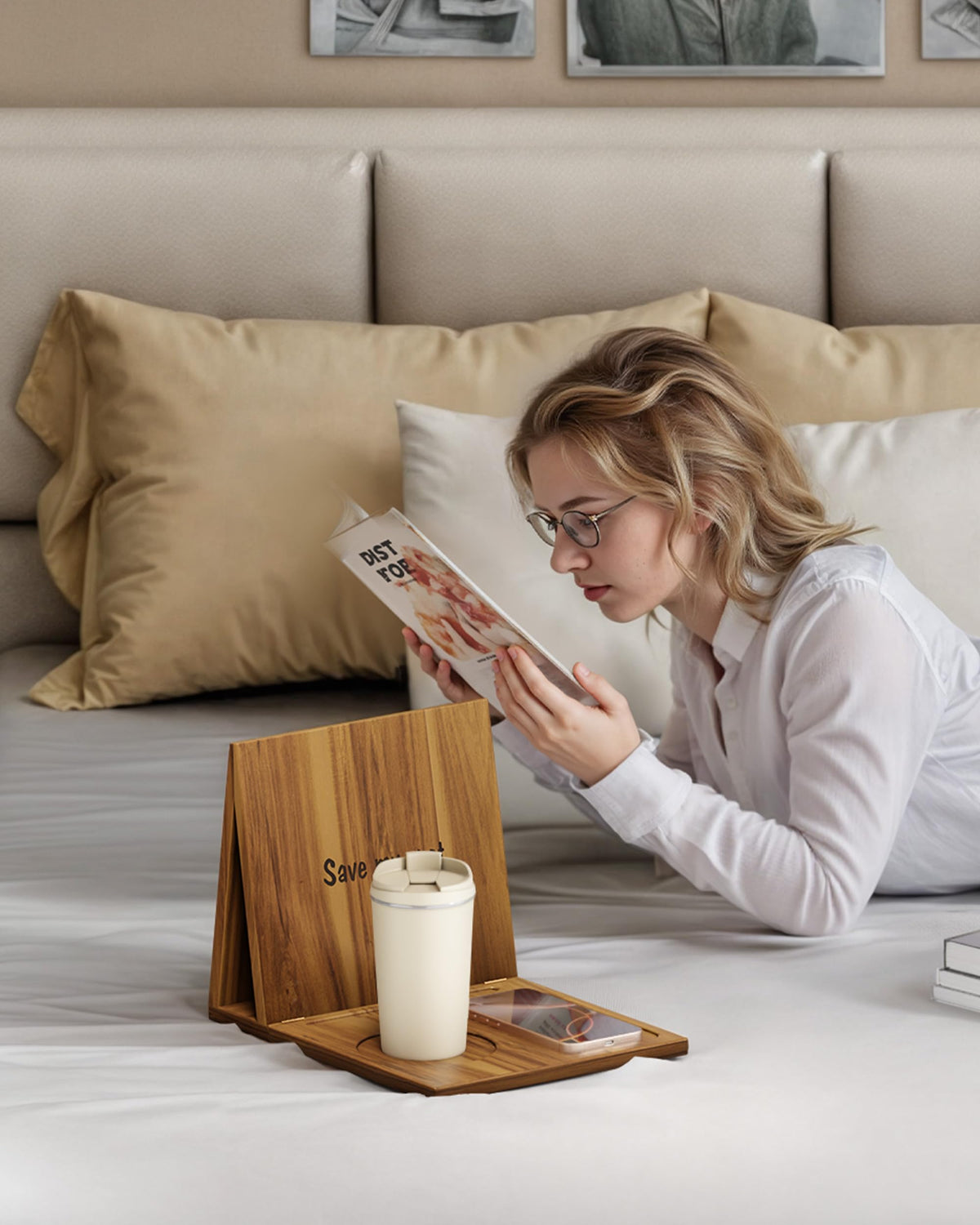 NAGAWOOD Triangle Book Holder, Book Rest, Acacia Foldable Book Nook Reading Valet, Triangle Book Stand with Cup, Pen, Glasses and Phone Holder for Bedroom, Nightstand or Office, Gifts for Book Lover
