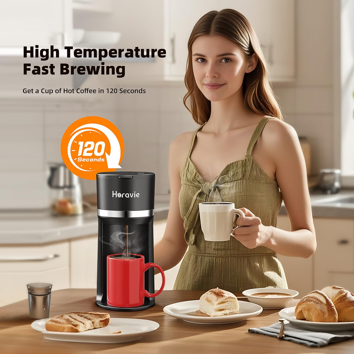 Horavie Small Single Serve Coffee Maker for K Cup and Grounds, Fast Brew One Cup Coffee Machine with One Button, 6 to 12 oz. Brew Sizes, Perfect for Home and Travel, Black