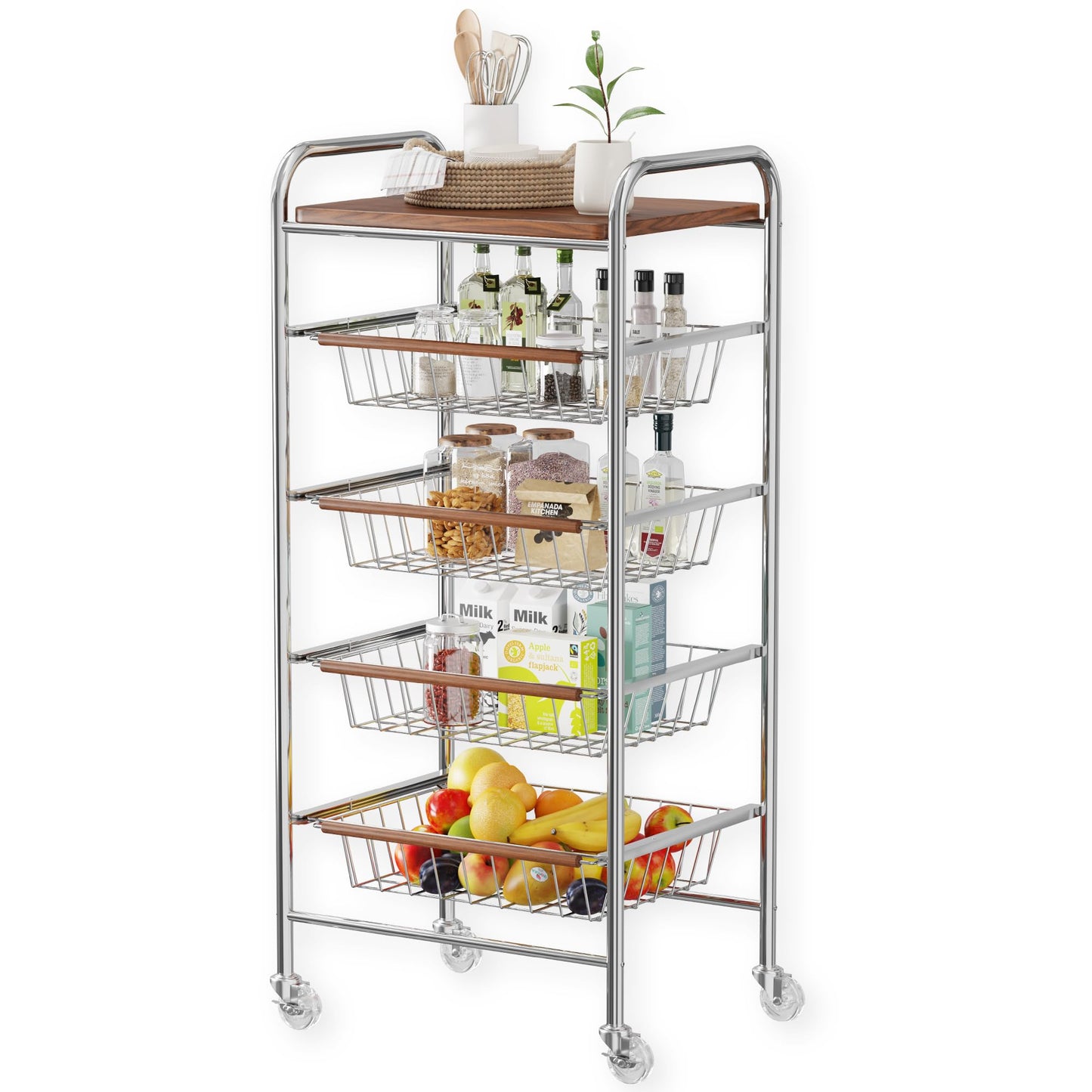 pochoio 5-Tier Rolling Cart for Storage and Organization - Heavy-Duty Carbon Steel Storage Trolley with Pull-Out Wire Baskets & Wood Top | Utility for Kitchen,Living Room,Office,Pantry,5.5x11x35inch