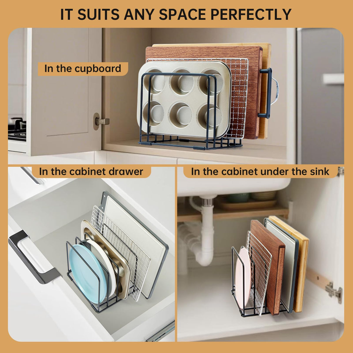 Cutting Board Organizer,Kitchen Cabinet Organizer,Divided Rack with 5 Slots for Baking Trays,Space-Saving Kitchen Storage for Cutting Boards, Cookie Sheet, Thin Pans and Baking Sheets Holder (1pcs)
