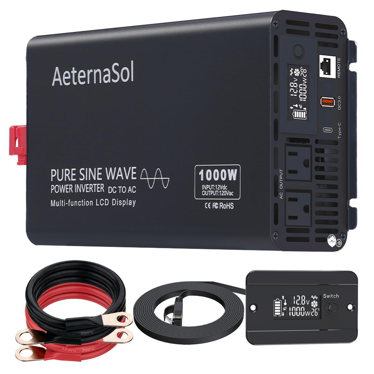 AeternaSol Pure Sine Wave Inverter 1000 Watt Inverter DC 12V to AC 110V-120V Power Inverter for RV Truck Camping Solar Home Backup with 2 AC Outlets, USB Fast Charge&Type-C, Remote Monitor,Surge 2000W