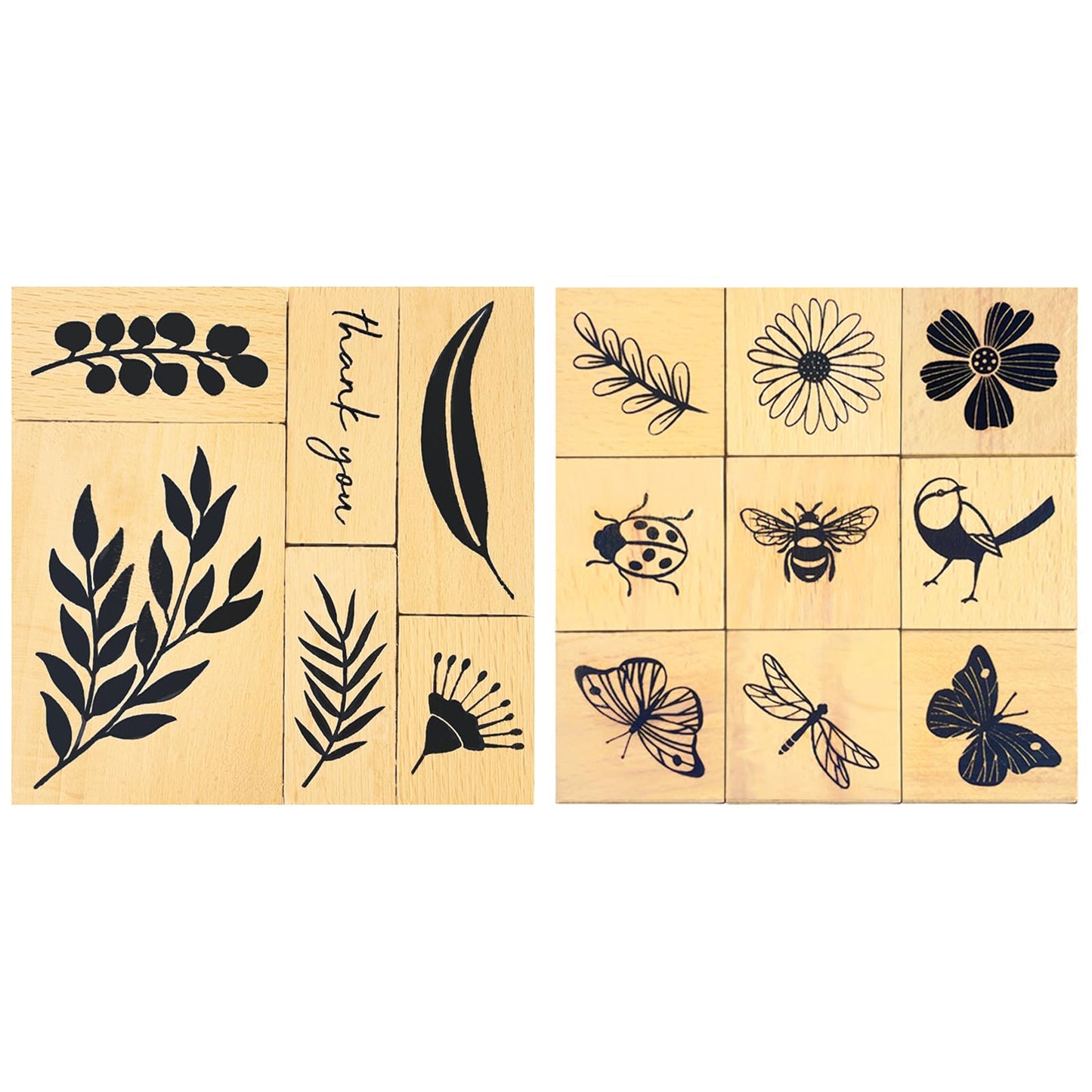 Wissppoott 15 Pcs Vintage Wood Rubber Stamp Set - Antique Butterfly, Leaves, Branch, Plant, Ladybug& Bird Stamps for DIY Scrapbooking, Craft Cards, Gift Wrapping & Journal Art