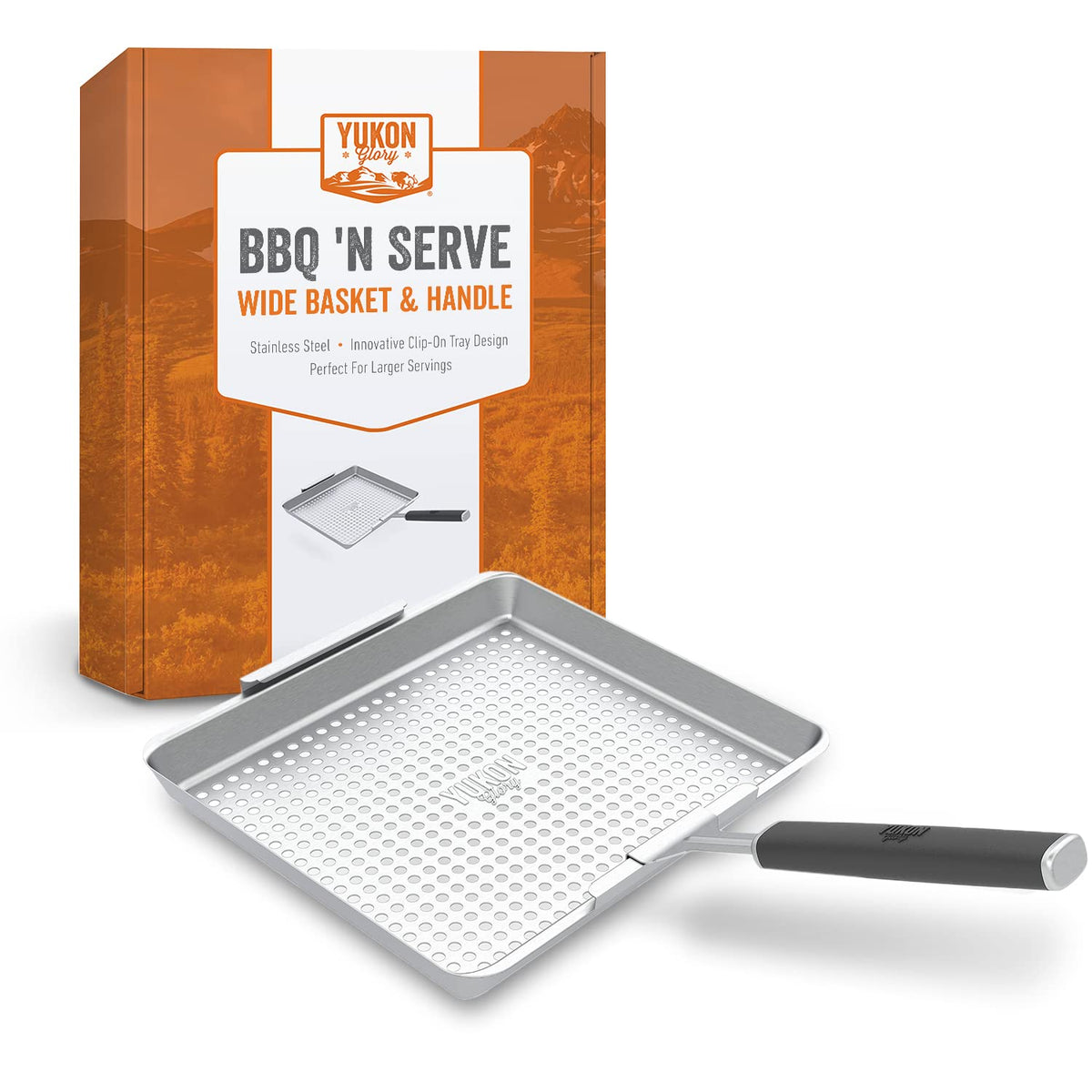 Yukon Glory™ BBQ 'N SERVE Wide BBQ Grill Basket The Grilling Basket Includes a Clip-On Handle - Perfect Grill Baskets for Outdoor Grill Vegetables or Fish Basket & Meat