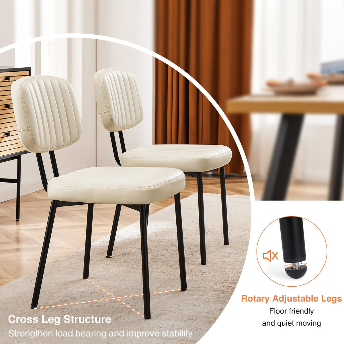 Sweetcrispy Dining Chairs Set of 2, Upholstered Mid Century Modern Kitchen Accent Chairs with Faux Leather Cushion Seat & Metal Legs for Home Office, Living Room-Beige White