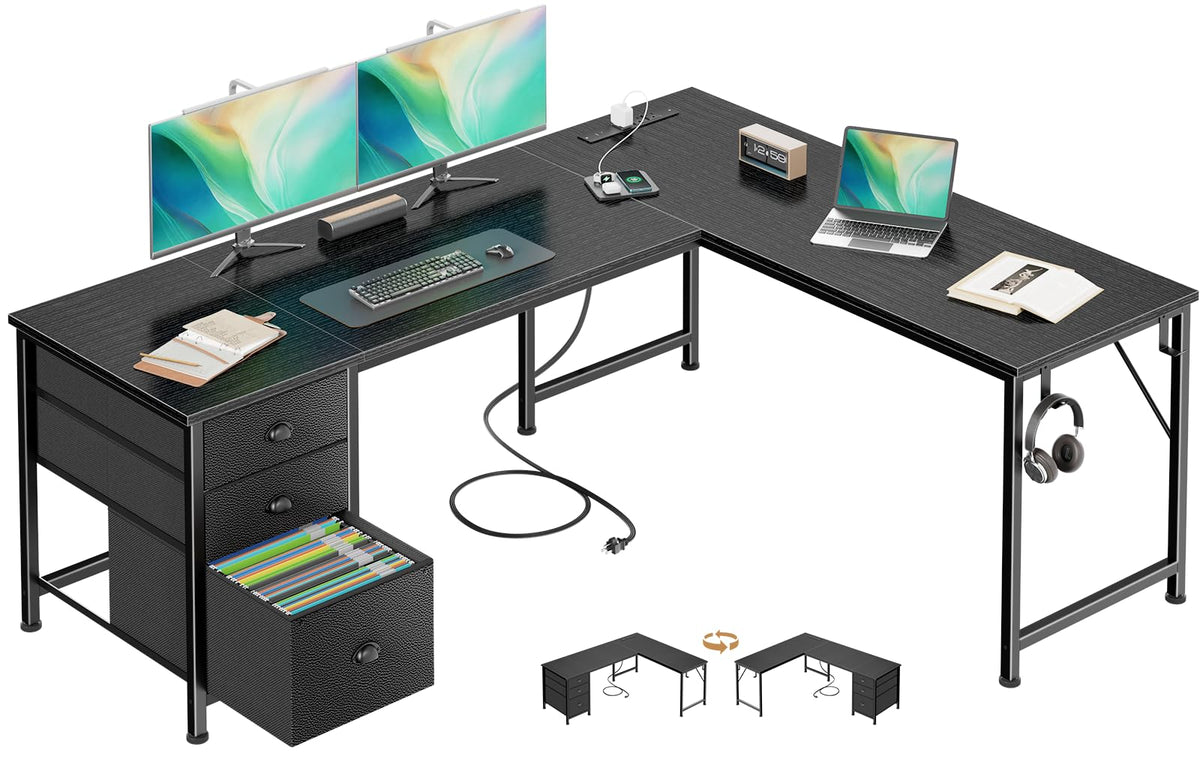Furologee 63" L Shaped Computer Desk with Power Outlet & USB-C Port, Reversible Home Office Desk with 2 Fabric Drawers, File Cabinet, Hooks, Large Corner Table for Gaming, Writing, Work, Black