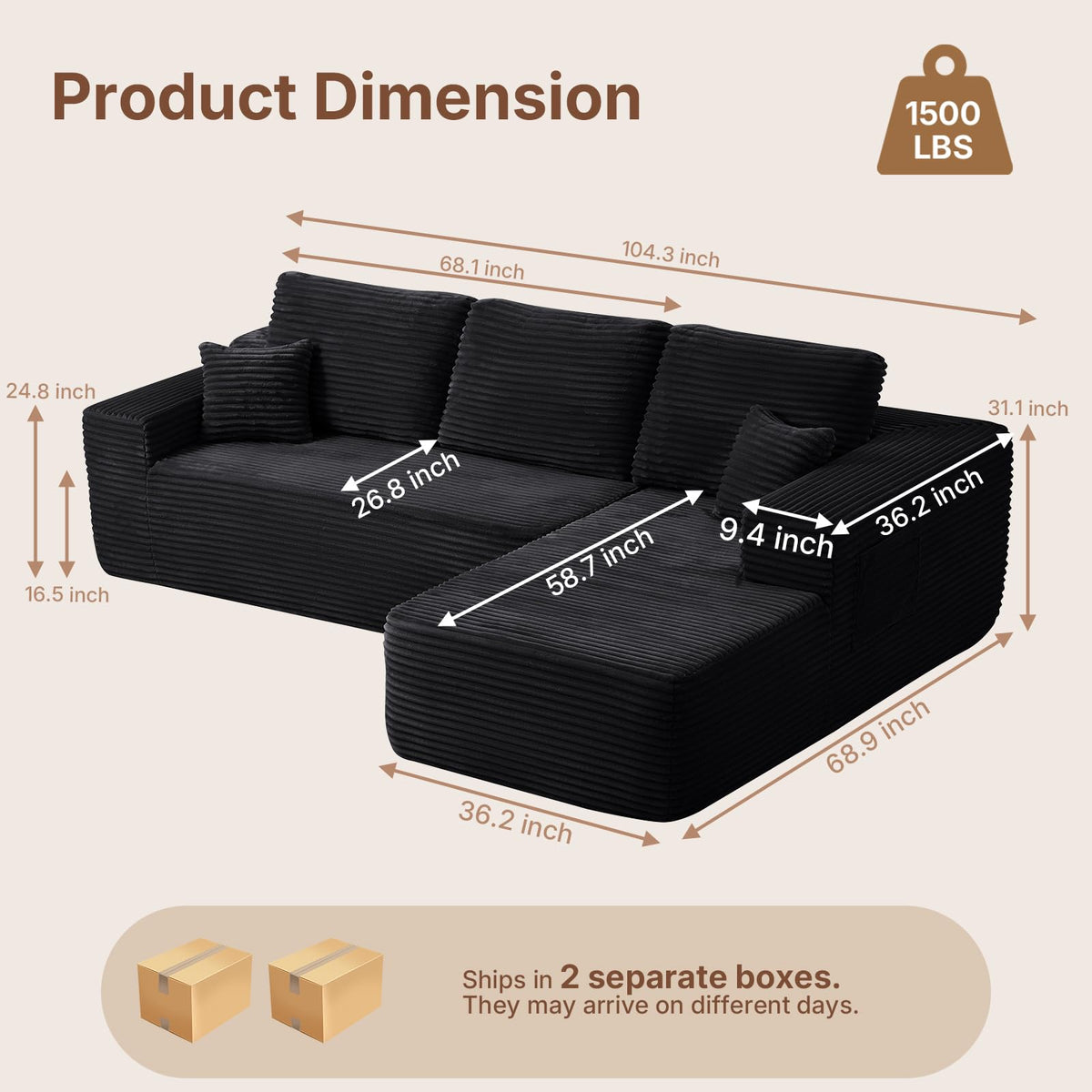 Yafylly 104'' Boneless L-Shaped Sectional Sofa with Throw Pillow & Side Pockets – No Assembly Compressed Modular Couch, Memory Foam Deep Seat for Living Room, Bedroom, Black (Right Facing)