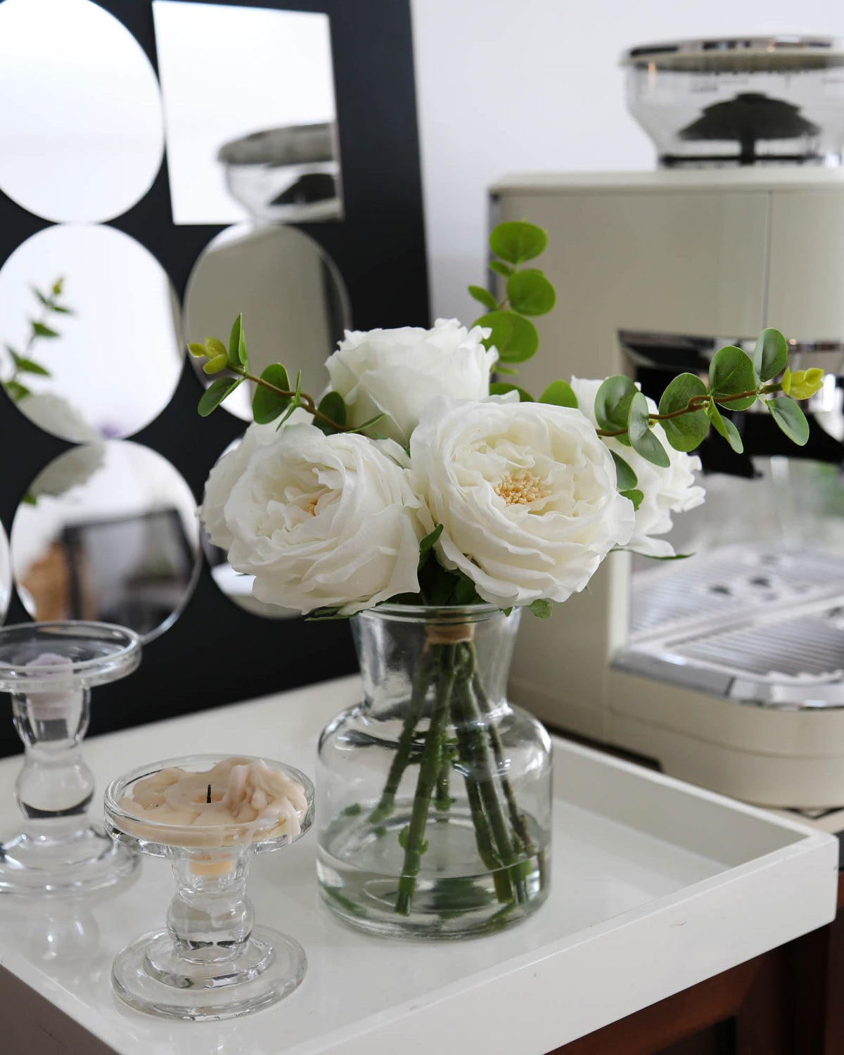 CHASMILE Artificial Flowers with White Roses in Vase, Fix Lifelike Fake Flowers in Vase with Artificial Water, Faux Flower Arrangements for Dining Table Centerpiece Decor