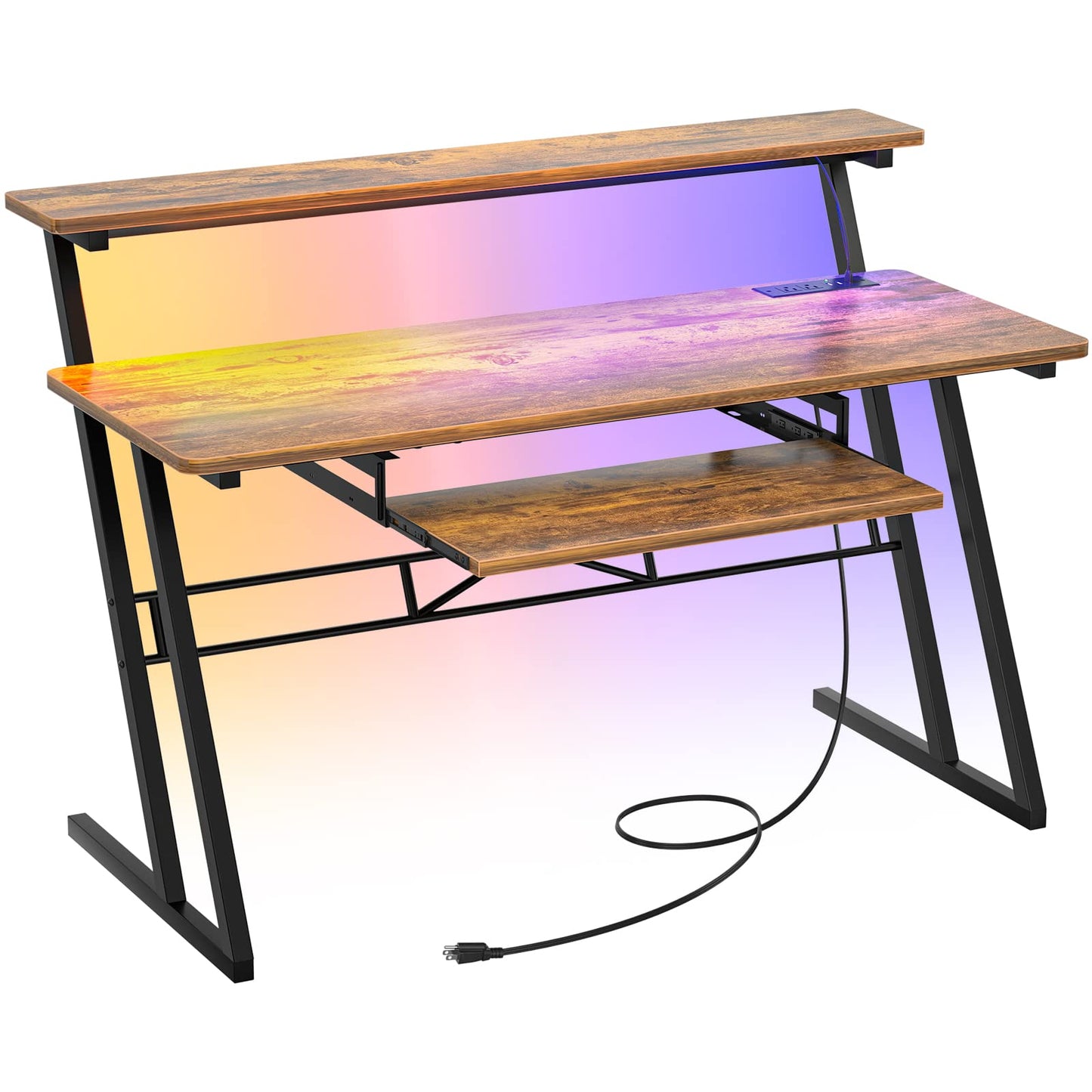 Armocity Music Studio Desk, Music Production Workstation with Power Outlets and RGB LED Lights, Recording Studio Table Desks Music Producer for Home, Rustic Brown