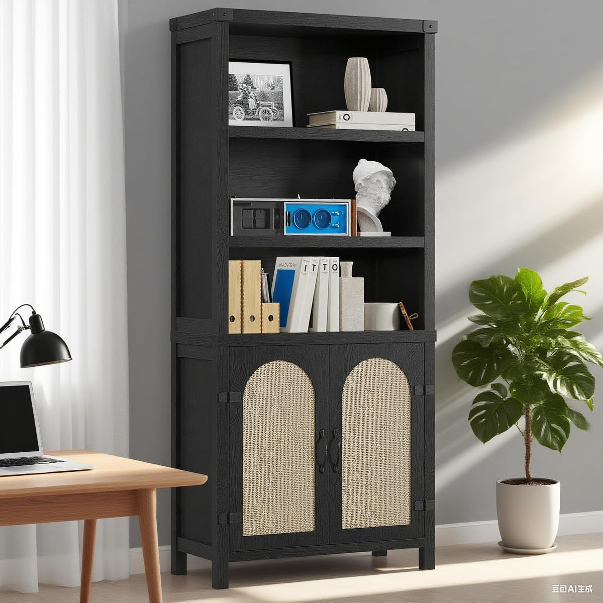 GarveeHome Bookshelf and Bookcase with Doors, 5 Tier Double Wide Large Bookshelves, Open Display Shelves, 70'' Tall Bookshelf with Storage Cabinets for Home Office, Living Room, Library, Black