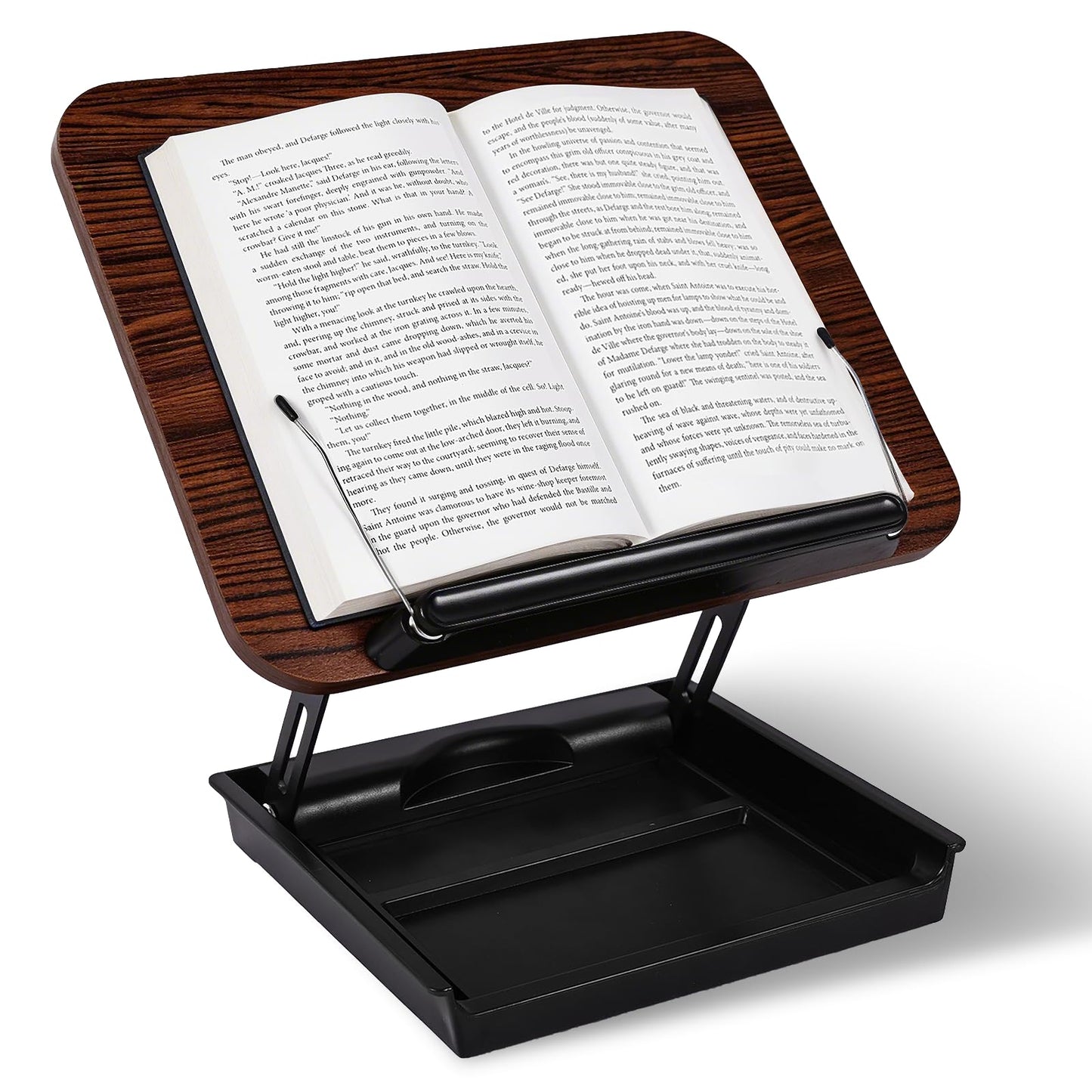 Wooden Book Stand for Reading with Storage Box Non-Slip Base, Adjustable Height & Angle, Foldable Desktop Riser with Page Clip, Hands Free Book Holder for Kitchen Counter, Cookbook, Recipe, Laptop