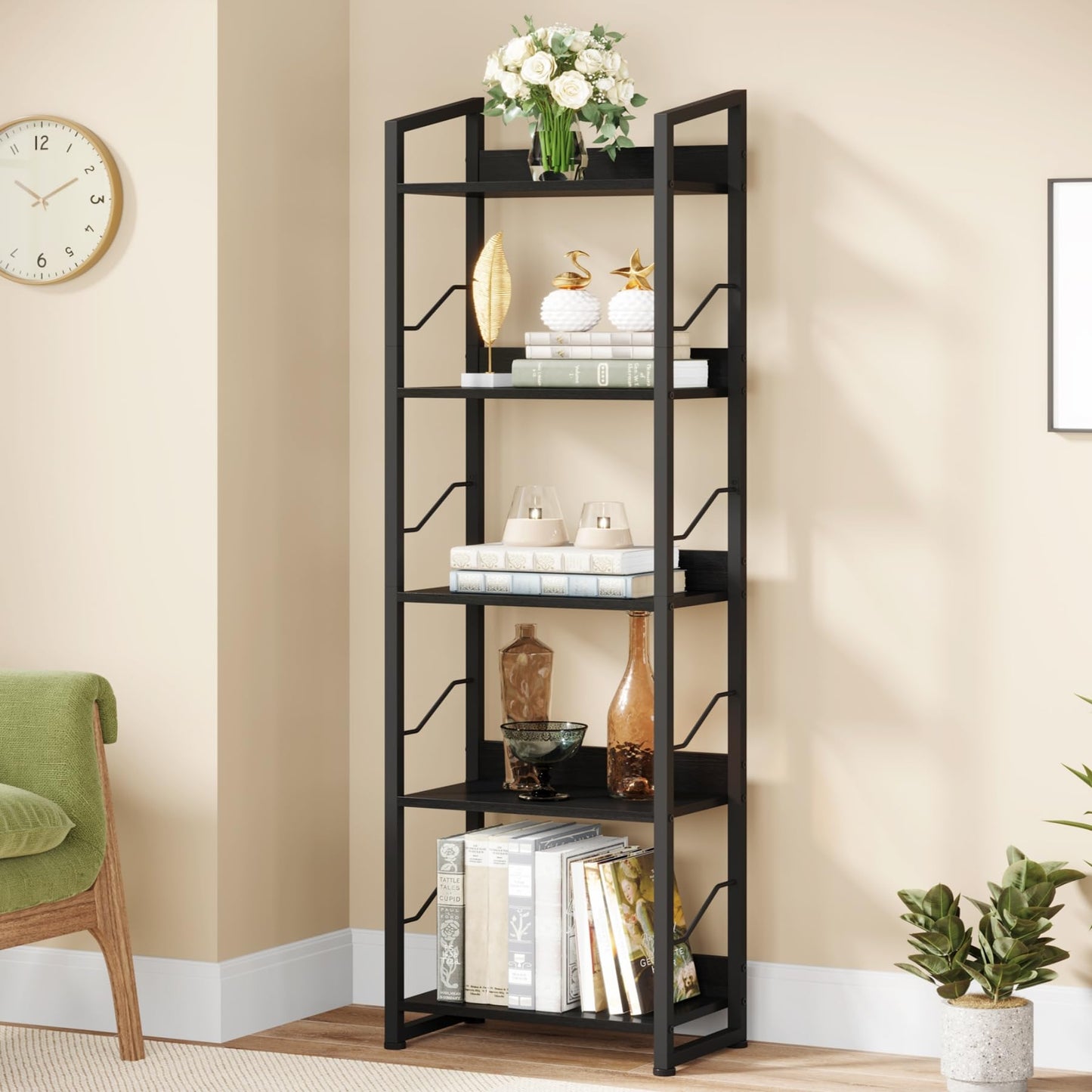 Hosfais 5 Tier Tall Bookshelf: Industrial Wood Book Shelf with Edge Protection Metal Narrow Bookshelf Bookcase Storage Organizer Display Rack for Living Room Home Office (Black)