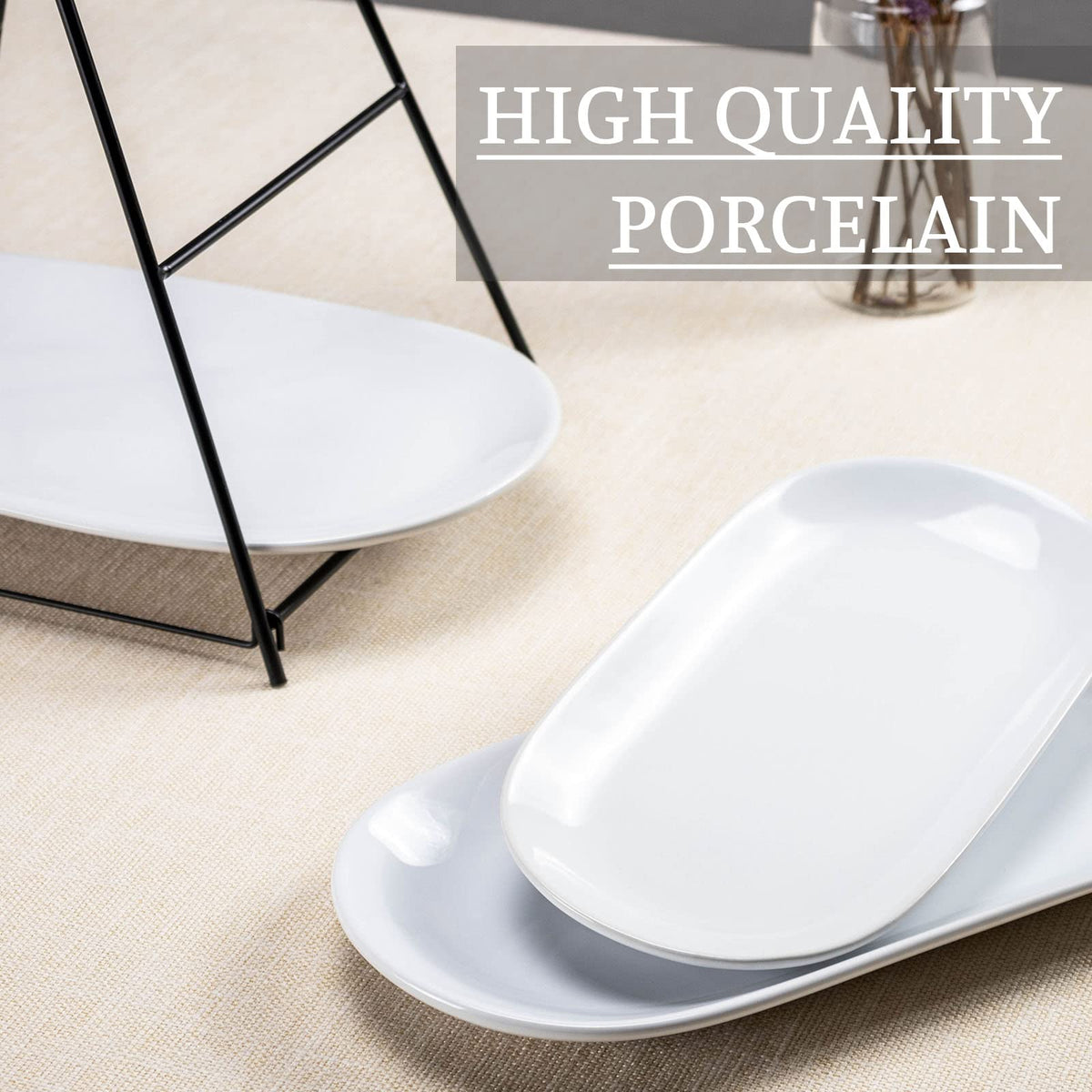 UNICASA 3 Tier Serving Tray for Parties – White Oval Porcelain Serving Platters and Trays with Collapsible Metal Stand – Tiered Dessert Stand for Cake, Snacks, Appetizers, Fruits, Chips & Dips