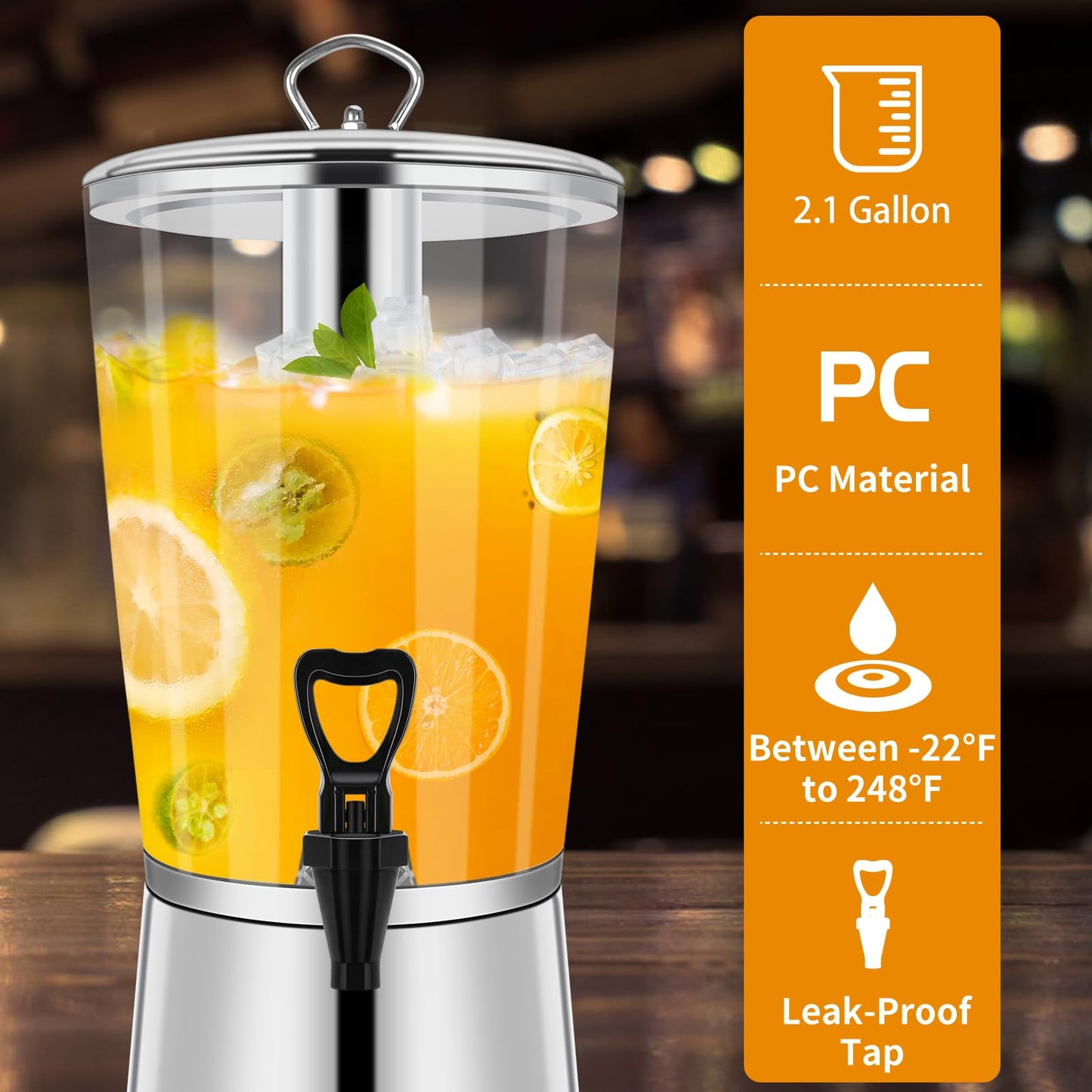 Hijolla Beverage Dispenser With Stand, Iced Beverage Drink Dispenser, Stainless Steel Water Jar with Ice Container, Lemonade Drink Jar Jug For Buffet, Parties, Clear Acrylic, 2-GALLONS 8-L