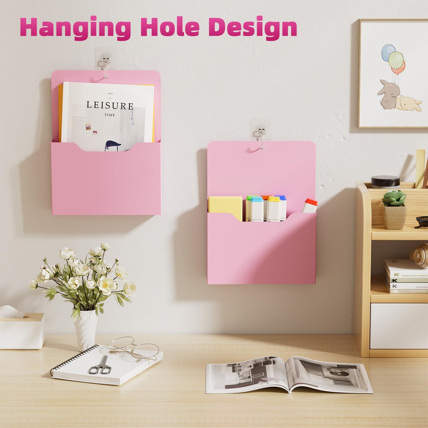 Marbrasse 2 Pack Magnetic File Holder - Paper Holder, Pocket Organizer,Hanging Wall File Organizer Office Supplies Storage, Magazine Mail Organizer Case for Notebooks,Planners,Letter (Pink)