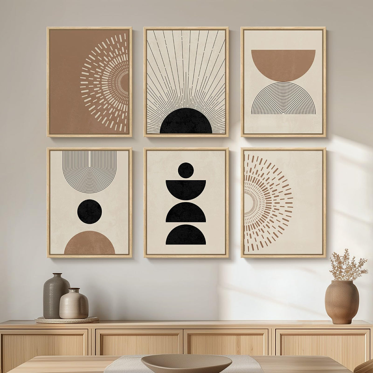 6 Piece Framed Boho Neutral Wall Art Set, Modern Abstract Geometric Canvas Painting Prints, Brown Black and Beige Minimalist Picture Artworks for Living Room Dining Room Bedroom 11x14 Inch