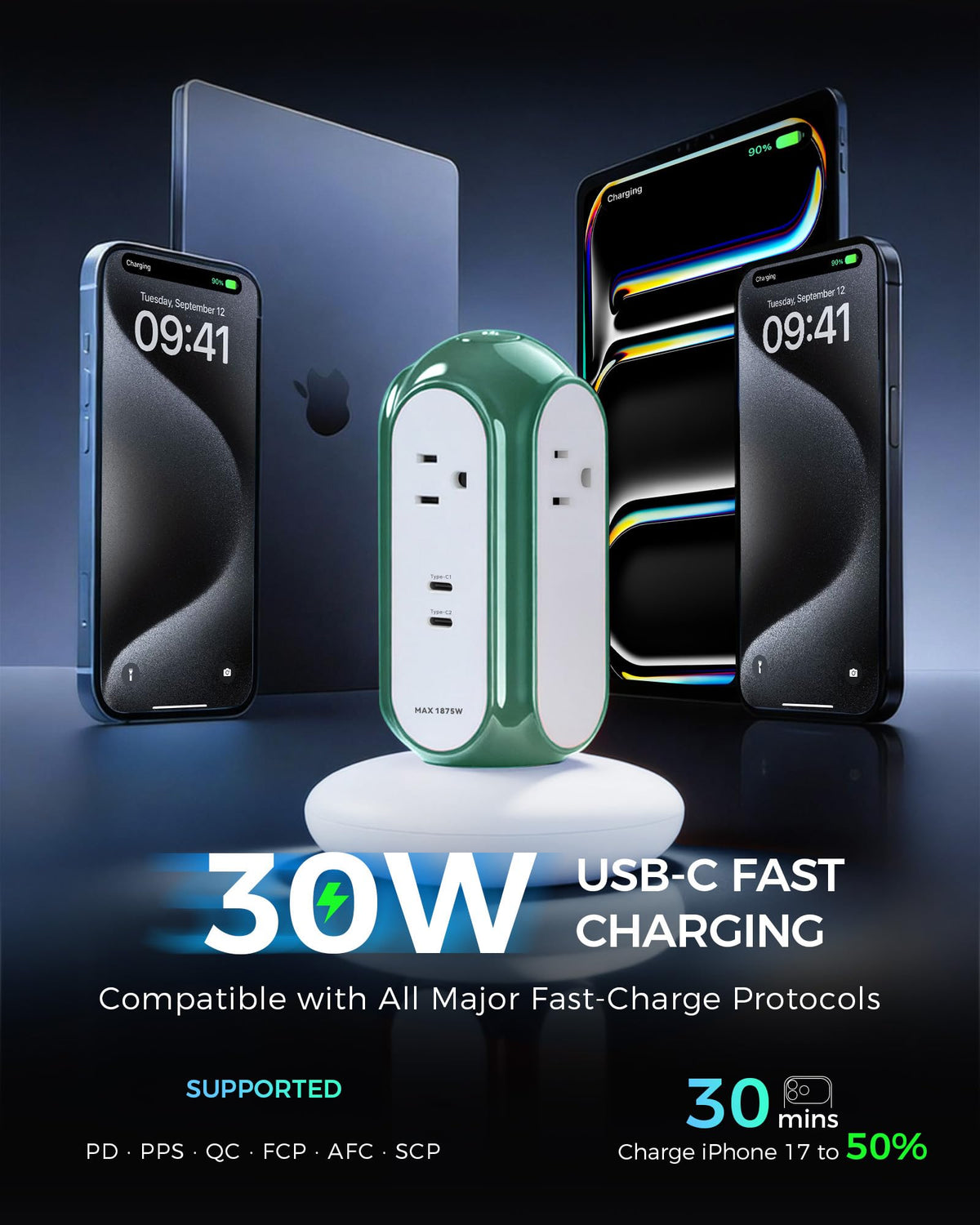MiaoLab Power Strip Tower with 2 USB-C Ports (30W Fast Charing), 1420J Surge Protector, 4 AC Outlets, 6.6FT Extension Cord with Overload Protection, 1875W/15A Charging Station for Home Office Desk