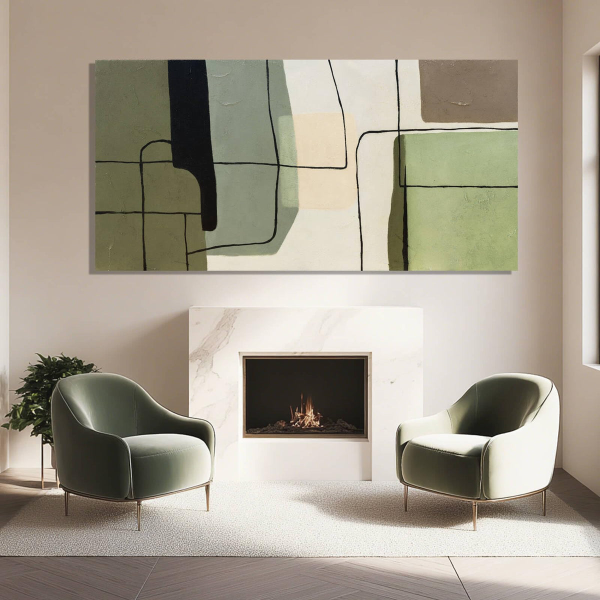 ZENPEE Green Modern Wall Art and White Canvas Art, Large Abstract Wall Art for Office, Dining Room, Bedroom, or Living Room, 29" x 58"