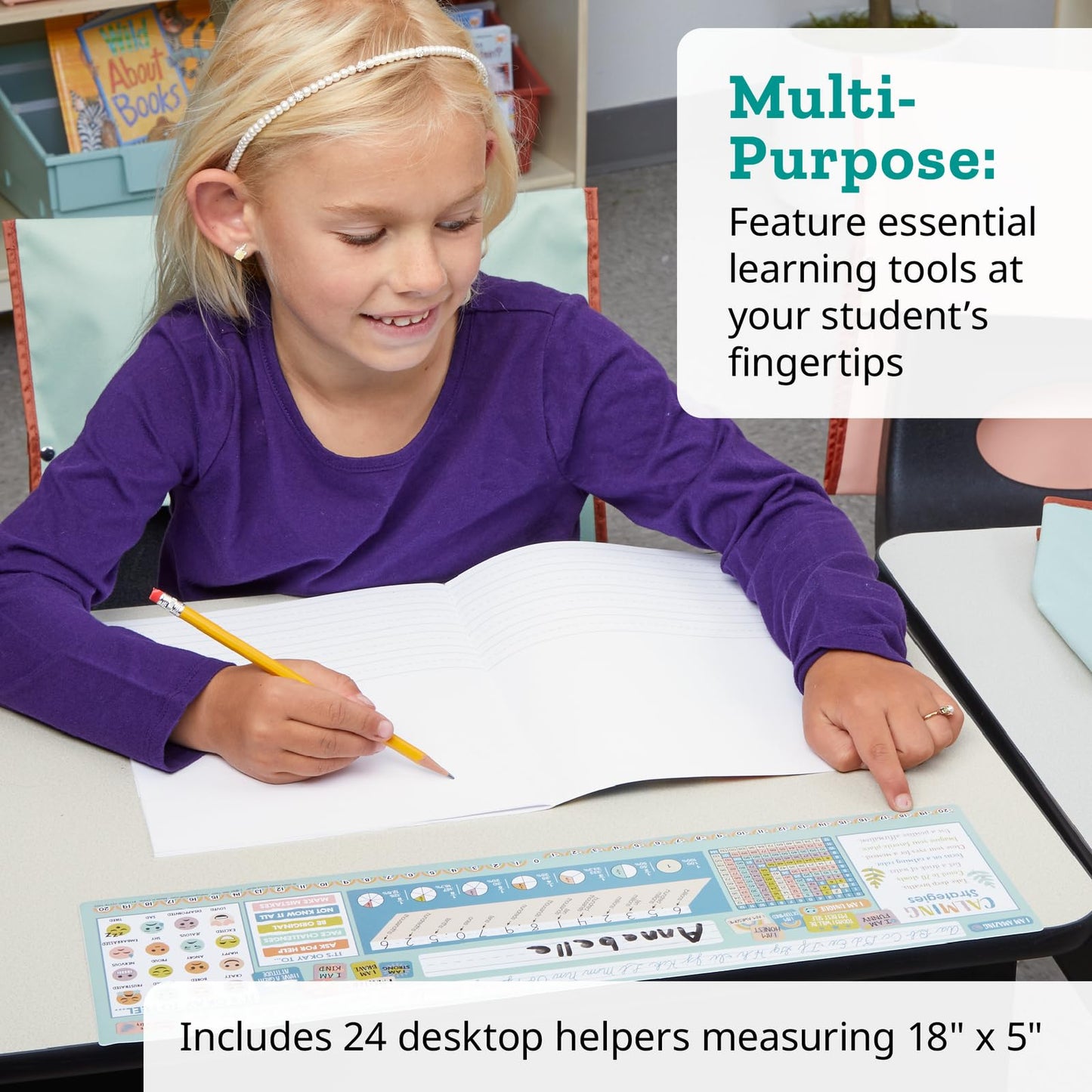 Really Good Stuff 24PK Chalkboard Style Grade 3-5 Self-Adhesive Vinyl Desktop Reference Nameplate with Cursive Letters, Multiplication Grid, Number Line, Place Values, Decimals, Percentages, Fractions
