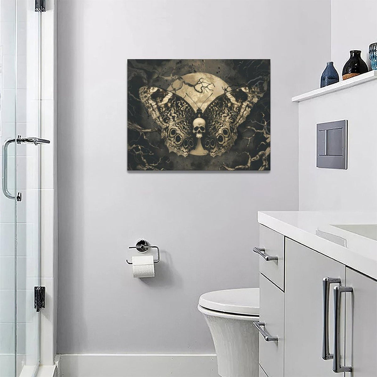 xiilo Gothic Skull Wall Art Spooky Skeleton Butterfly Pictures Decor Goth Moon Horror Canvas Painting Home Artwork Decorations for Halloween Bathroom Living Room Bedroom 16x12 inch