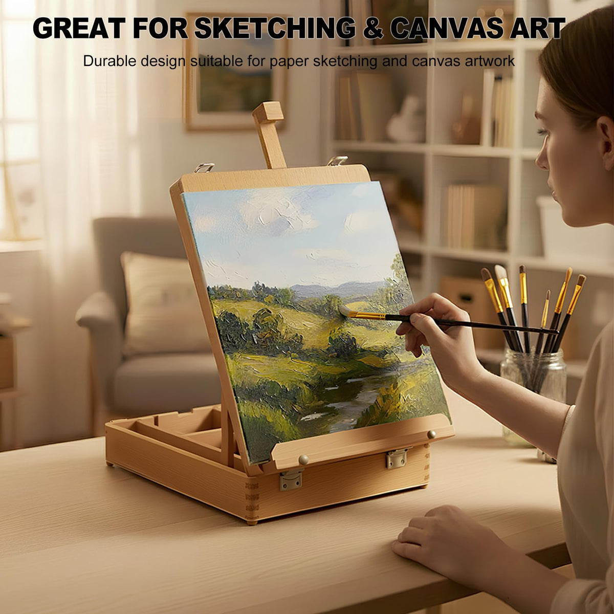 Beechwood Tabletop Easel for Painting, Portable Adjustable Sketchbox Art Easel Stand with Detachable Shoulder Strap for Beginners and Art Lovers