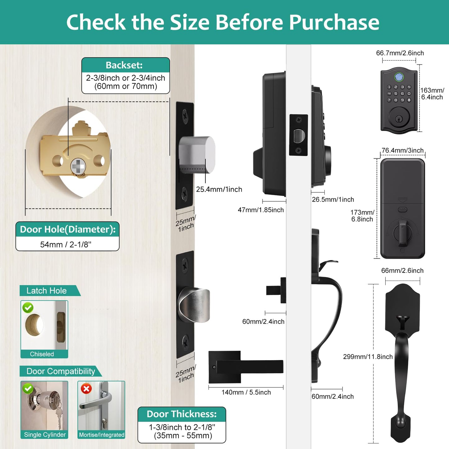 REETOMETAL Smart Front Door Lockset, Keyless Entry Deadbolt with Handle, Fingerprint/App/Code/Key Unlock, Anti-Peeping Keypad, Auto-Lock, Easy Install