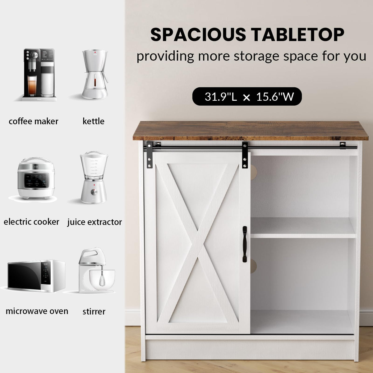 SOFTLYNICE Farmhouse Coffee Bar Cabinet, Coffee Bar Table with Sliding Barn Door, Suitable for Kitchen, Dining Room and Living Room
