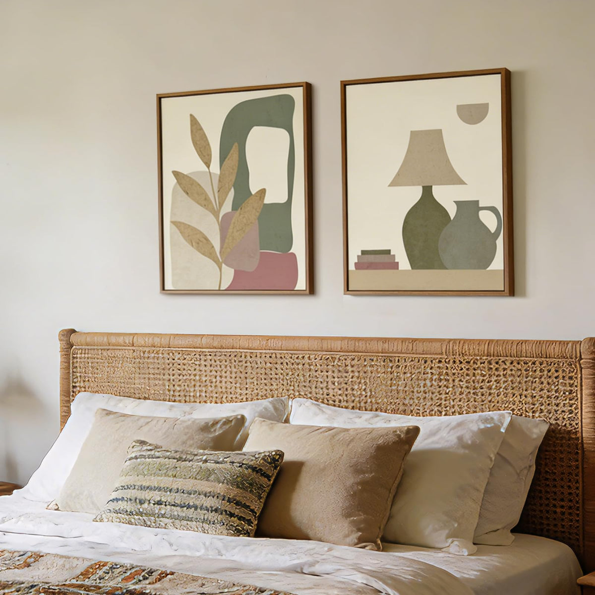 Framed Minimalist Botanical Wall Art, Set of 2 Neutral Boho Canvas Prints with Leaf and Geometric Motifs, Soft Earth Tone Artwork for Modern Farmhouse, Office, Dining Room Decor, 12x16 Inch