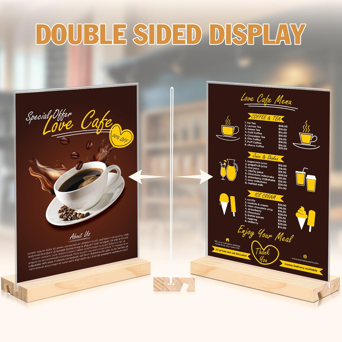xydstay 6pack 8.5x11 Acrylic Sign Holder with Wood Base for Picture Frames,L/T Shape Double Slot Design for Vertical or Slant Back Display, for Restaurant, Office, School, Store and Home Use