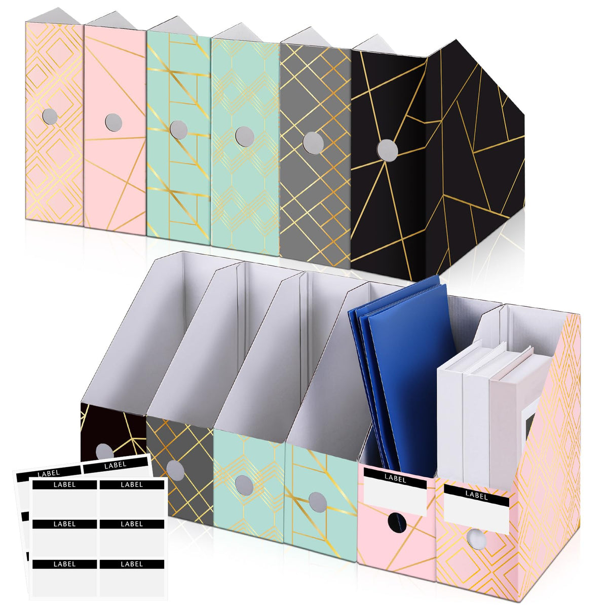 PerKoop 6 Pcs Decorative Magazine File Holders Floral Foldable File Folders Magazine Storage Boxes Rack Desk Organizer Documents with Printable Labels for School Office Home (Geometric Lines)