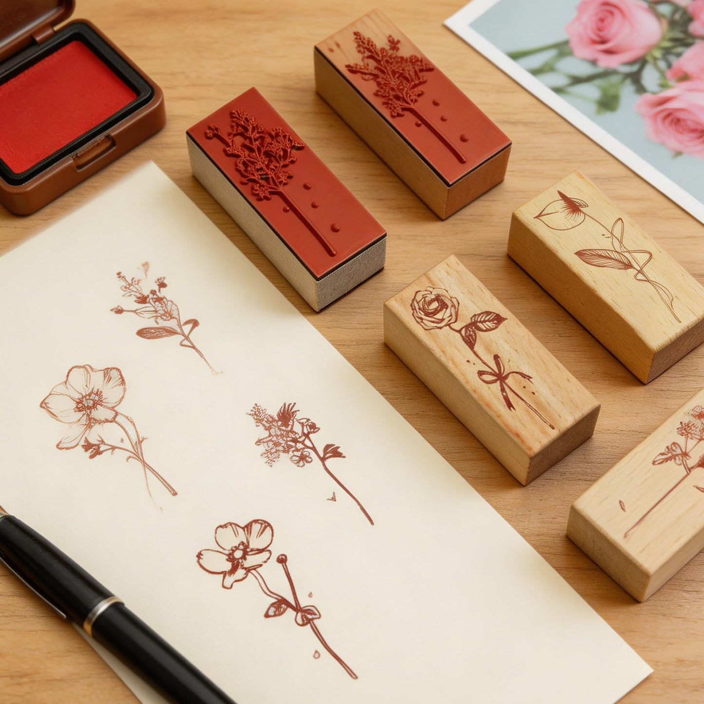 Yooqferno 8Pcs Wooden Rubber Stamp Flower Stamp Set Decorative Wood Stamp Plant Floral Set for Crafting Tool Scrapbooking Card Making Journaling Letters Diary Planner Painting