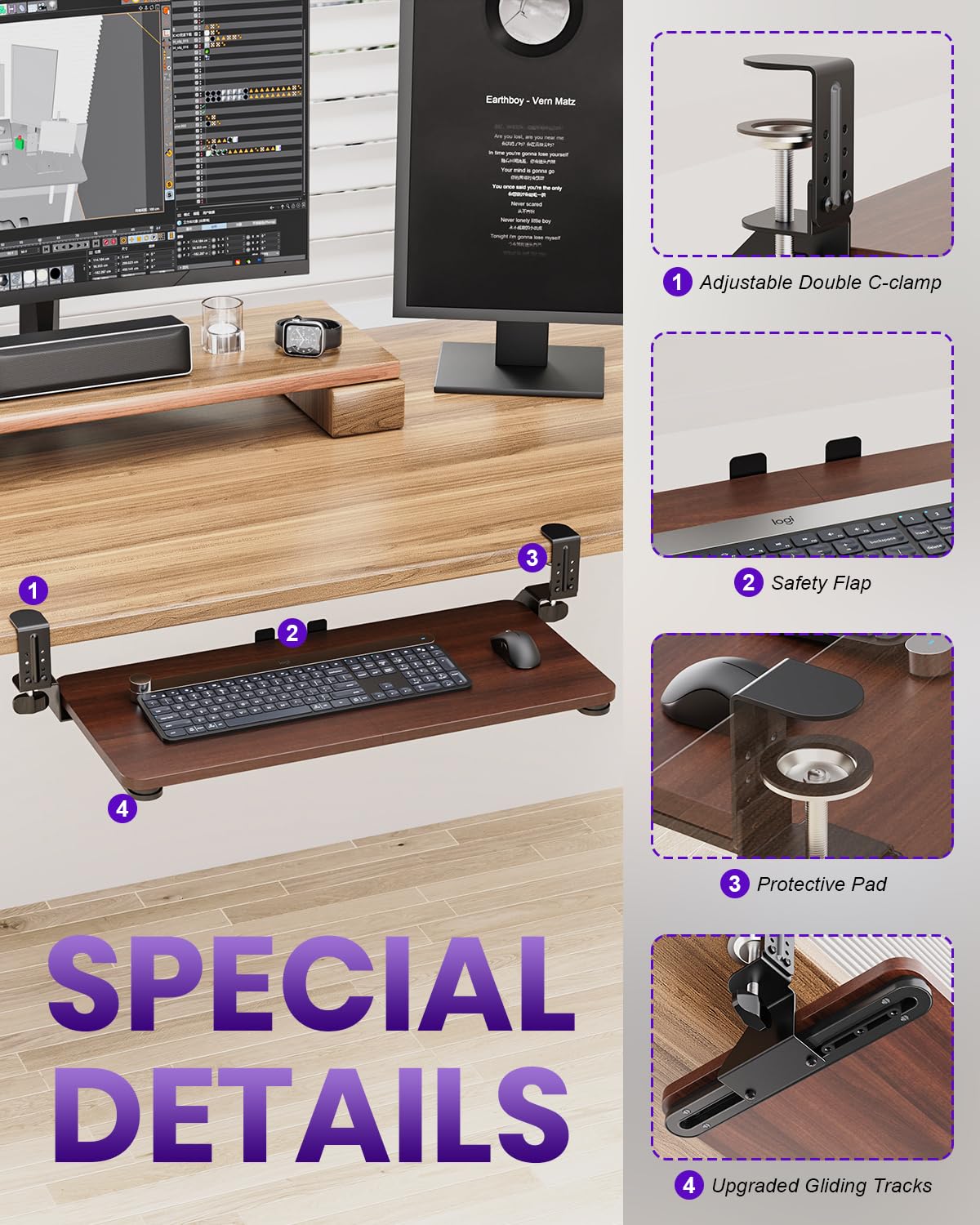 Zontera Ergonomic Keyboard Tray Under Desk, Pull Out with Adjustable C-clamp, 25.6 (31.5 Including Clamps) x 11.8 Inch Slide Out Computer Keyboard Drawer Mouse Tray for Typing, Large & Walnut