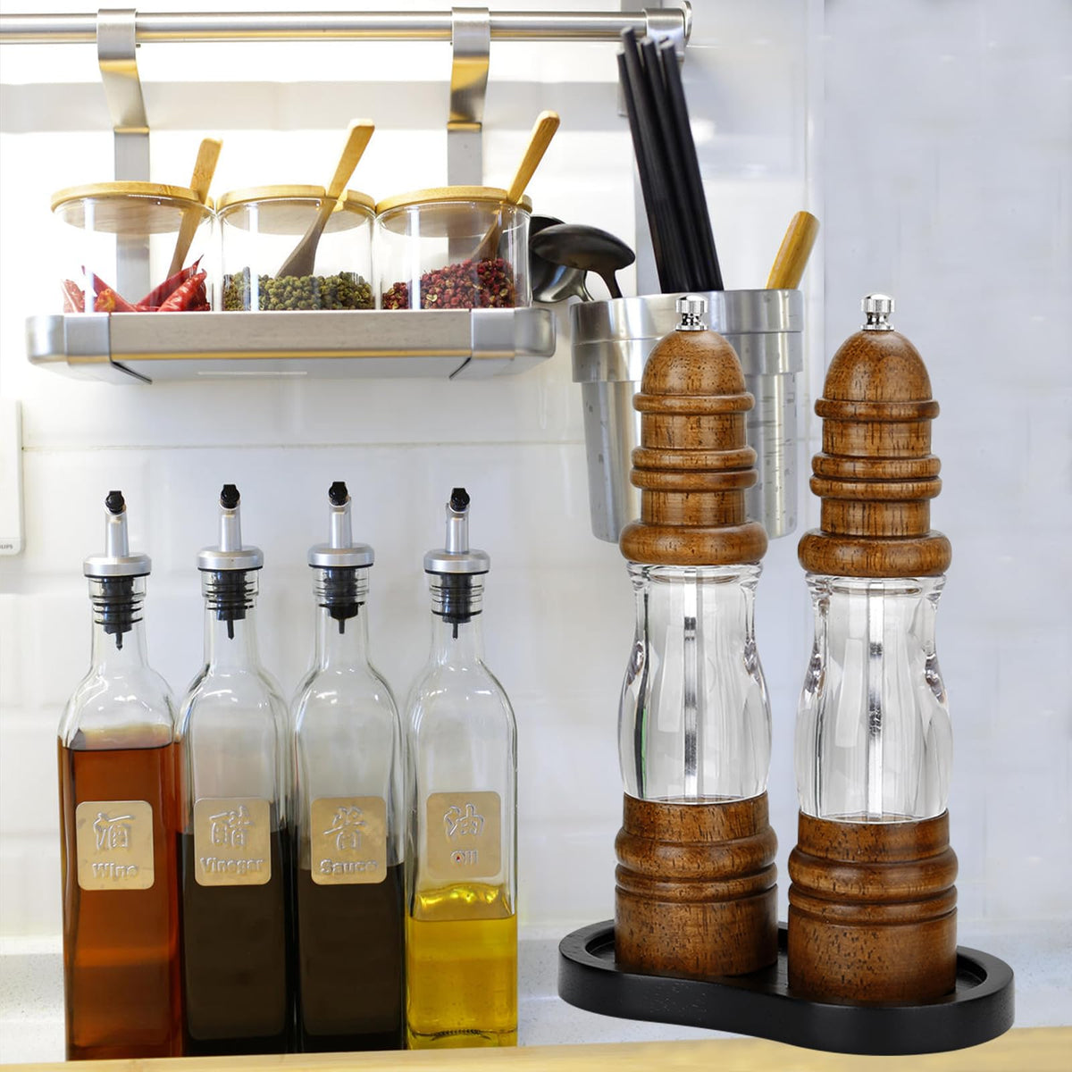 BINHAI Black Wooden Pepper Grinder Tray – Stylish Holder for Salt and Pepper Shakers – Countertop & Tabletop Protector for Kitchen & Dining (Mill Not Included)