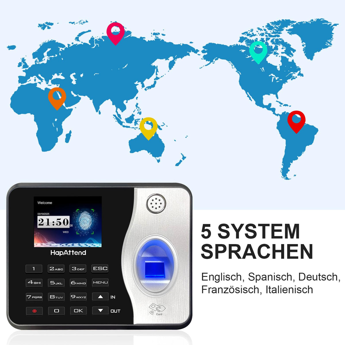 HapAttend Time Clocks for Employees Small Business Automatic Calculate Hours, 0 Monthly Fees Fingerprint Time Clock, H3 Standalone Biometric Clock in Machine for Employees with 5 RFID Cards (No WiFi)