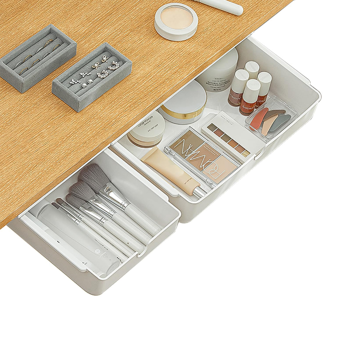 PitorKiter Under Desk Drawer, 2 Pack Large and Medium Hidden Self-Adhesive Under Desk Organisers for Storage of Cutlery, Office Supplies, Stationery and Cosmetics (White-2)