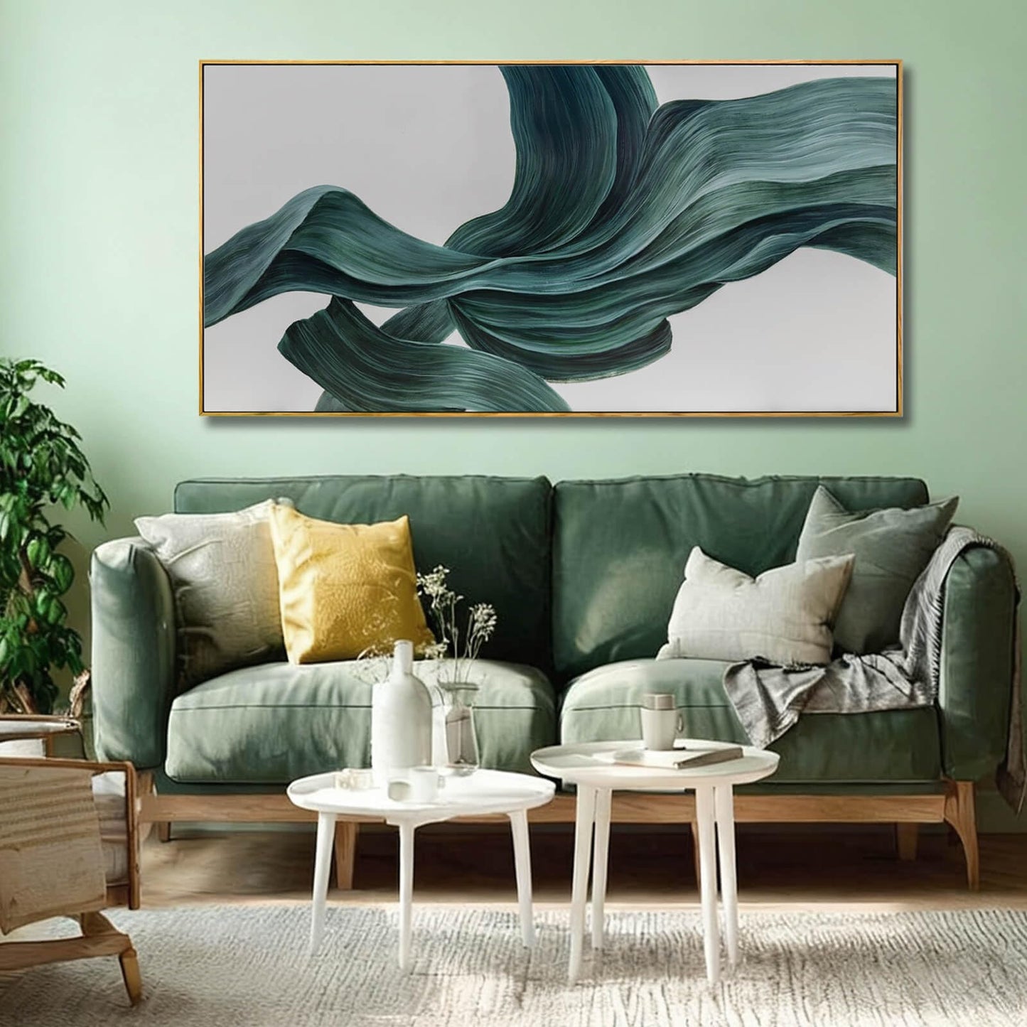 Green Abstract Wall Art 24x48 Inch, Large Framed Canvas Painting with Wooden Frame, Modern Minimalist Wall Decor for Living Room Bedroom or Office