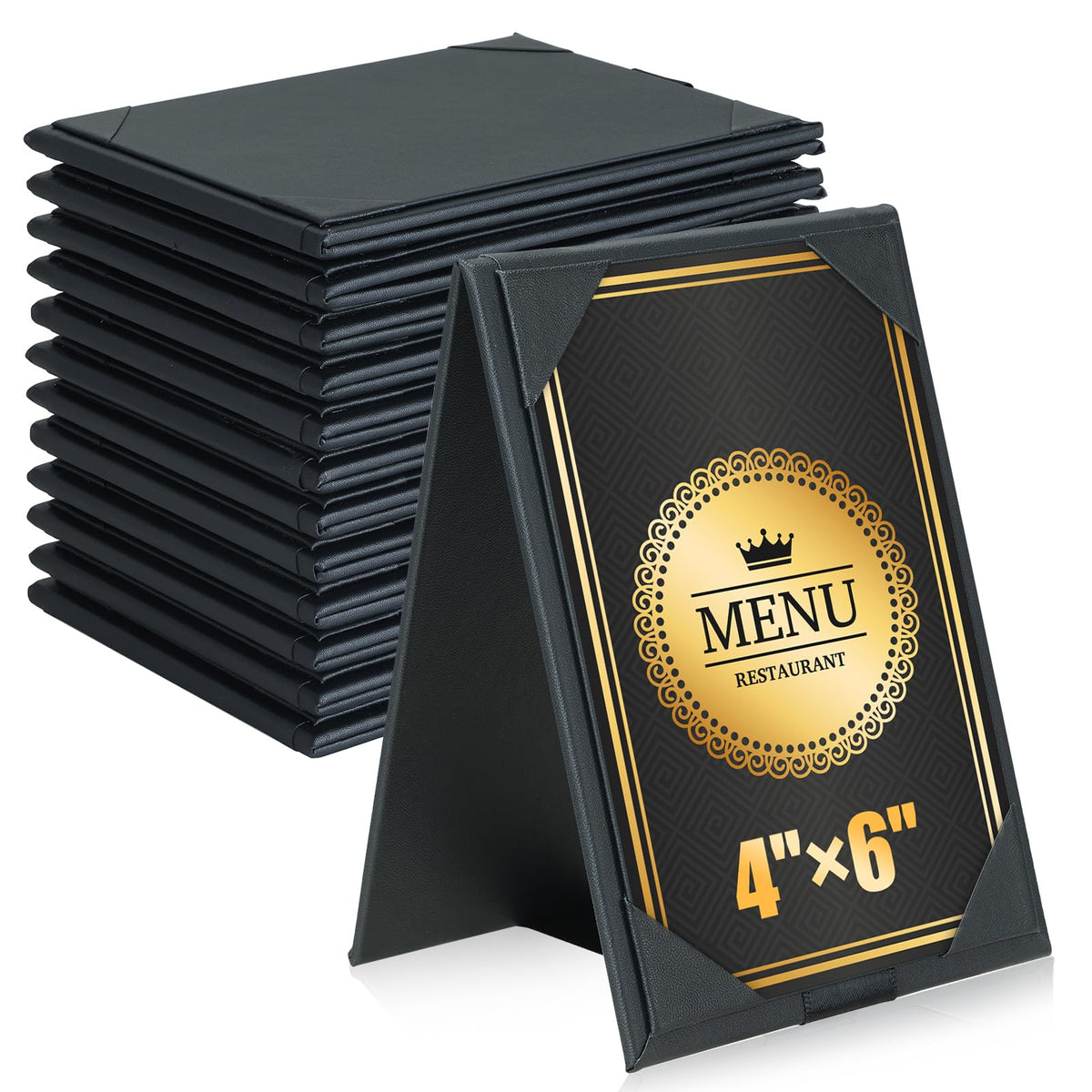 FLKQC 12 Pack Double-Sided Menu Holders 4"x 6", PU Leatherette A-Frame Table Tents for Restaurant, Bar, Cafe, Wedding, Durable and Foldable Design (12 pack, 4" x 6")