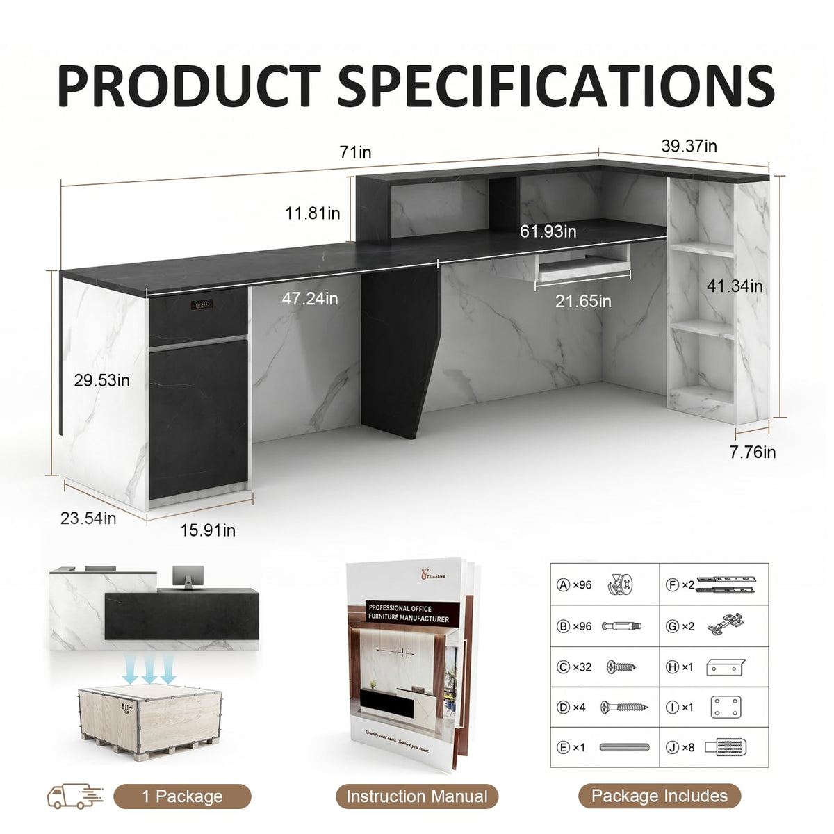 YTElantivo L-Shaped Reception Desk with Counter, 1-Inch Thick Board, Lockable Drawers & Keyboard Tray, Heavy-Duty Front Desk for Office, Salon, Hotel & Clinic