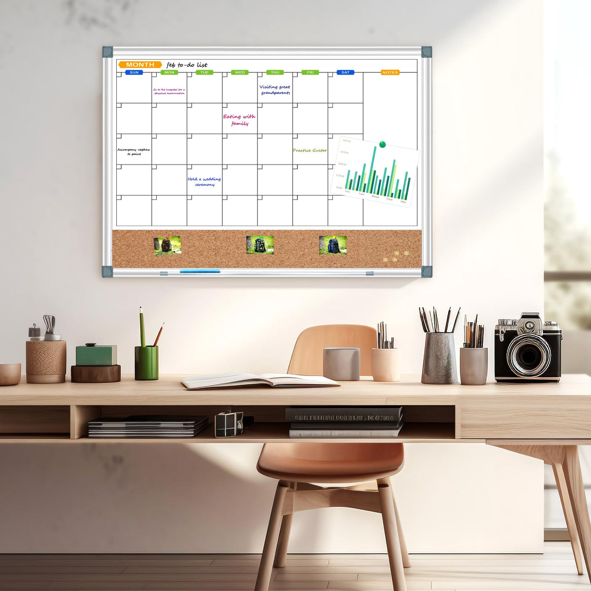 CALENBO Calendar Whiteboard Corkboard Combination for Wall, Double-Sided 24" x 18" Monthly Whiteboard Calendar and Dry Erase Board for Office, Kitchen, Planning, Memo, School, Home