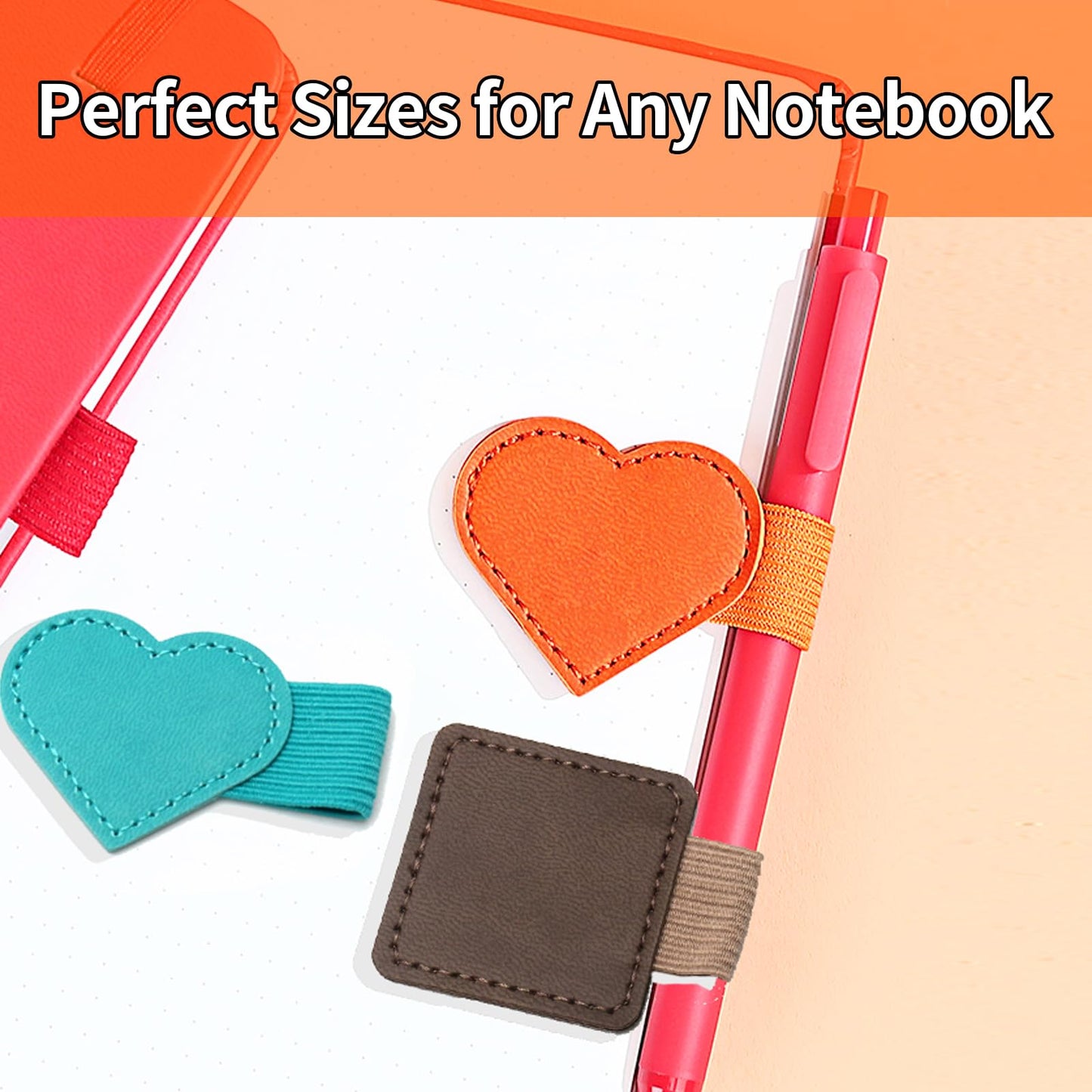 8-Pack Square & Heart Self-Adhesive Elastic Pen Loop Holders – Sticky Pen Holders for Notebook, Bible, Planner, Journal, Diary & Sketchbook – Elastic Design, 8 Colors Included