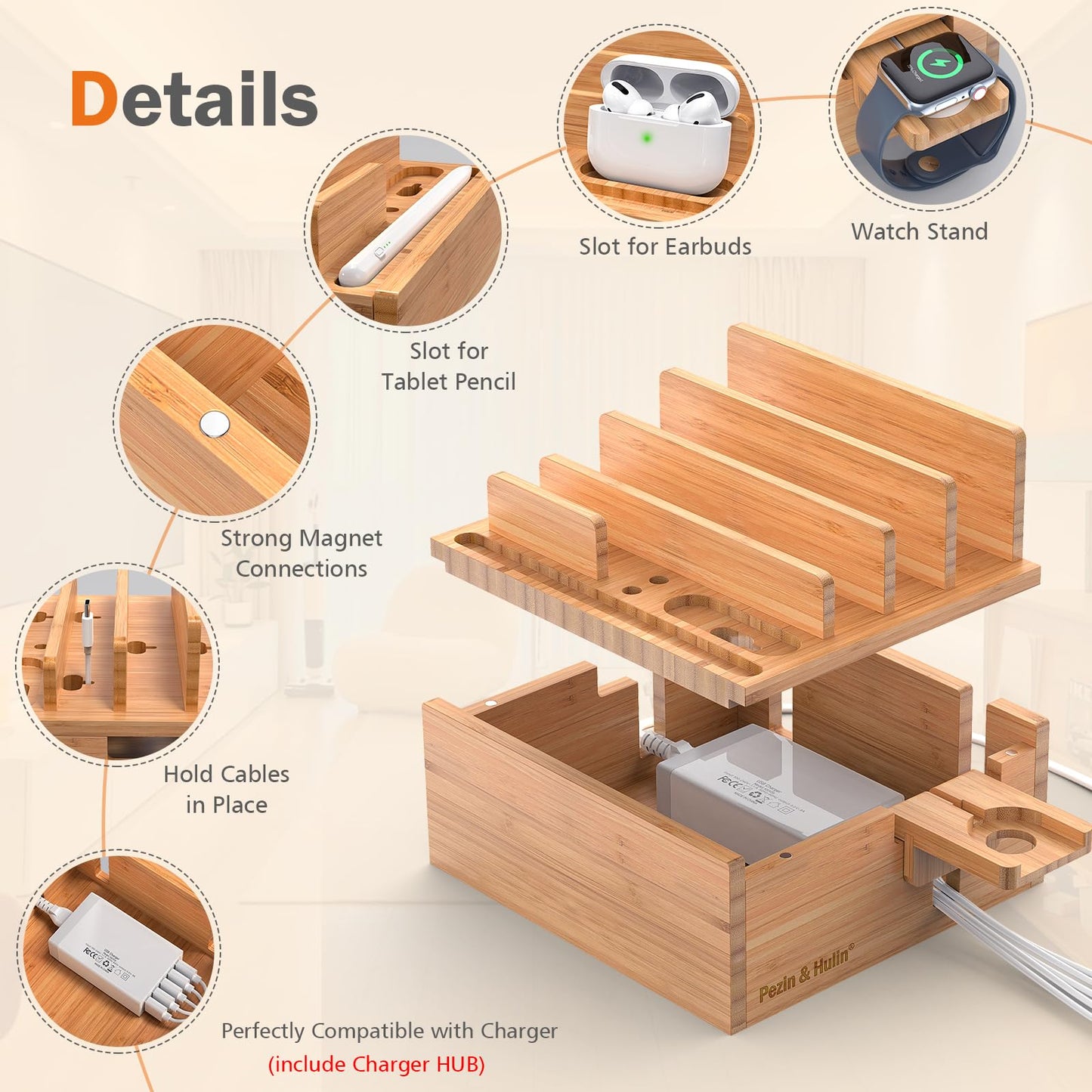 Pezin & Hulin Bamboo Charging Station for Multiple Devices Include 5 Port USB Charger, 5 Cables, Desktop Organizer for Phones, Tablet, Wooden Docking Stations