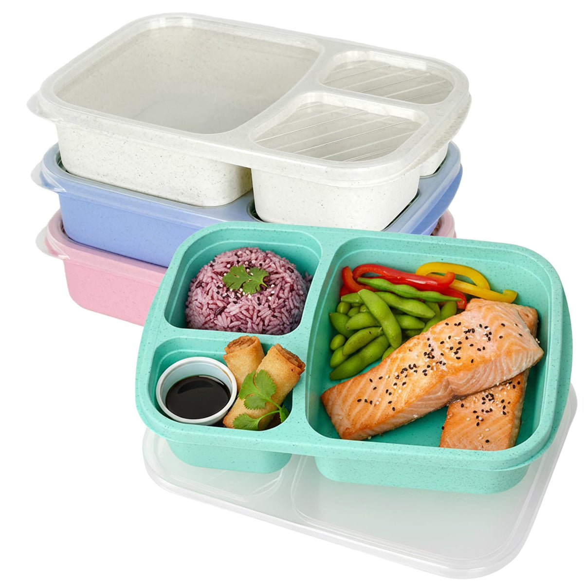 Orivastine 4 Pack Bento Lunch Box Set, 3 Compartment Leakproof Stackable Food Containers, Reusable Wheat Straw Lunch Boxes for Adults Work and Travel