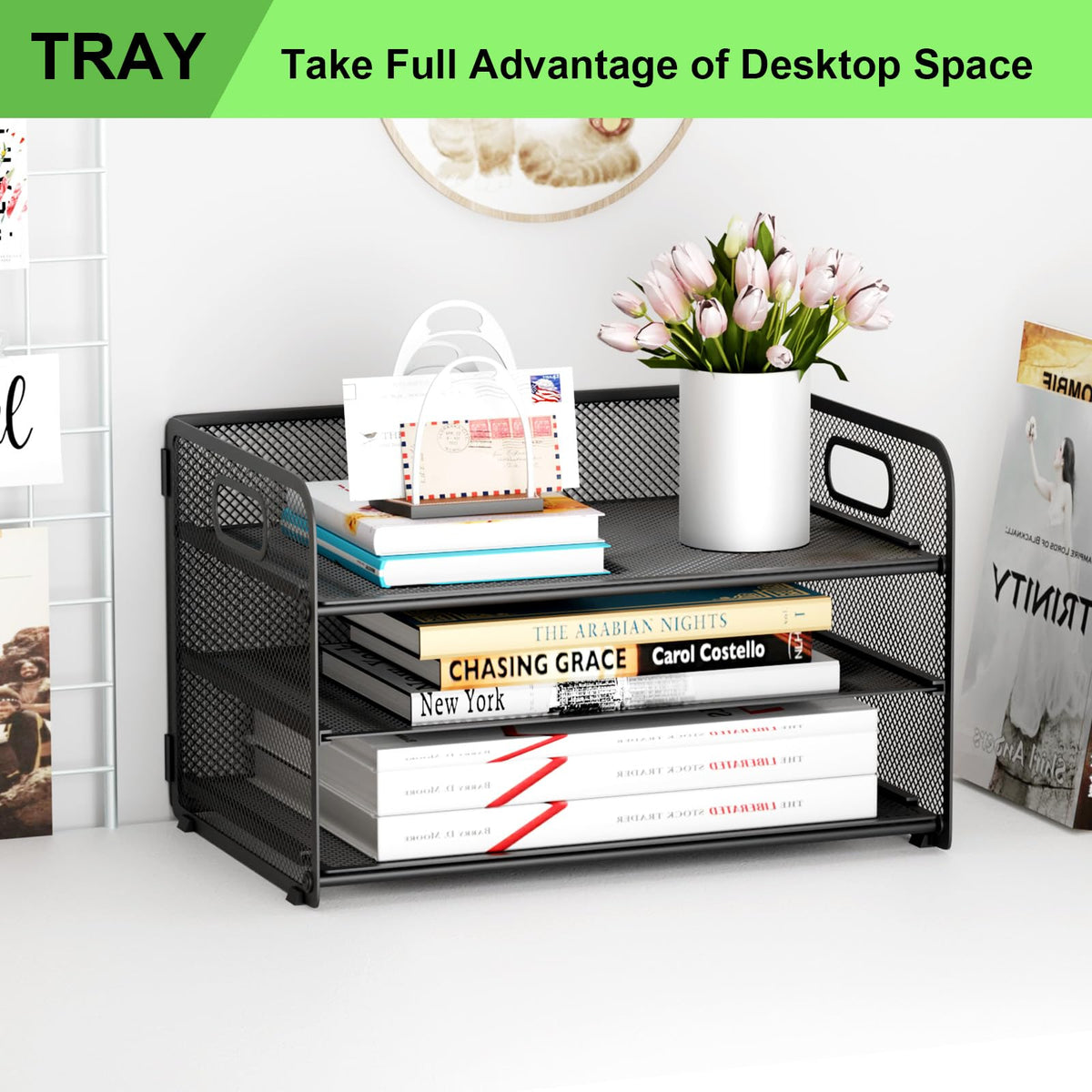 GDINDINFAN 3 Tier Paper Letter Tray Organizer for Desk, Mesh File Folder Document Organizer with Handle for Home Office Supplies Desktop Accessories, Black