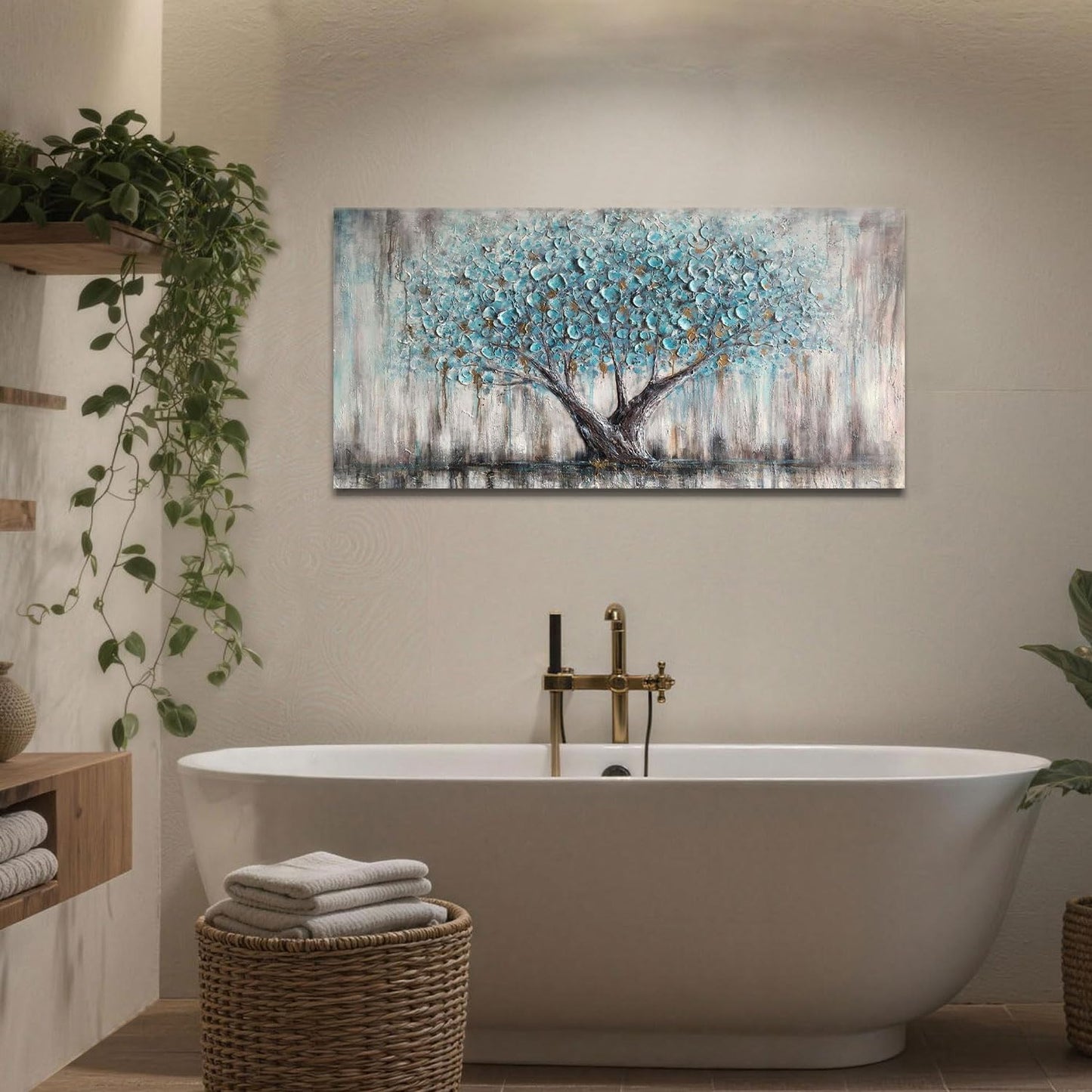 Arjun Tree of Life Wall Art Canvas for Living Room Blue Tree Nature Teal Painting, 50% Hand Painted Textured Picture Bedroom Panoramic Landscape Artwork Framed Home Office Decor 40"x20"