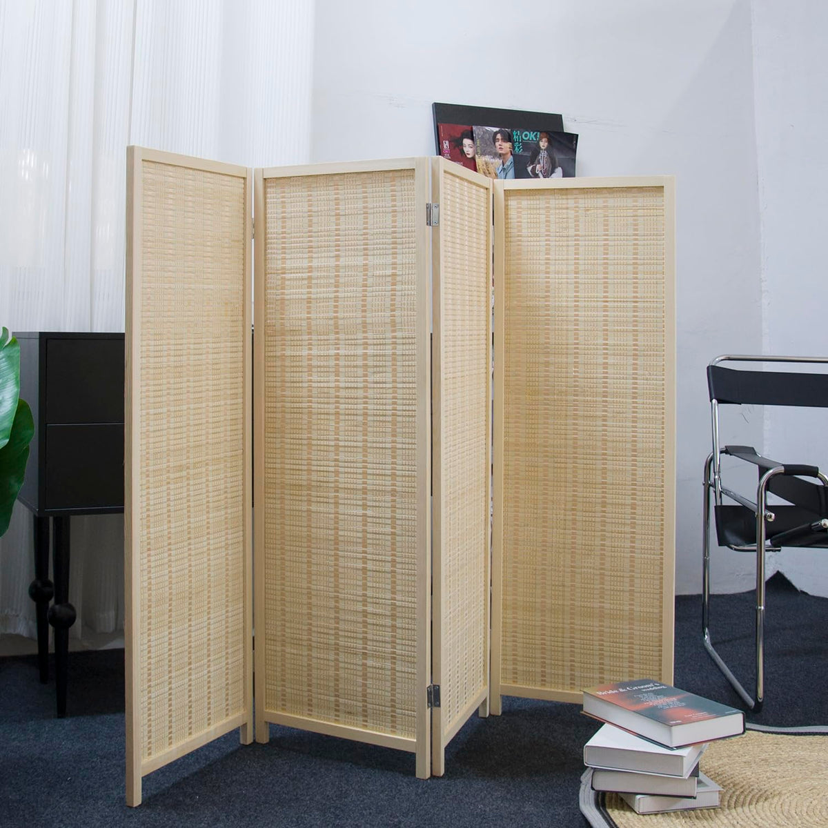 Furnnylane 4 Panel Short Room Divider Screen,Beige Freestanding Partition,Small Bamboo Panel Divider for Room Seperation,3.95 FT Tall